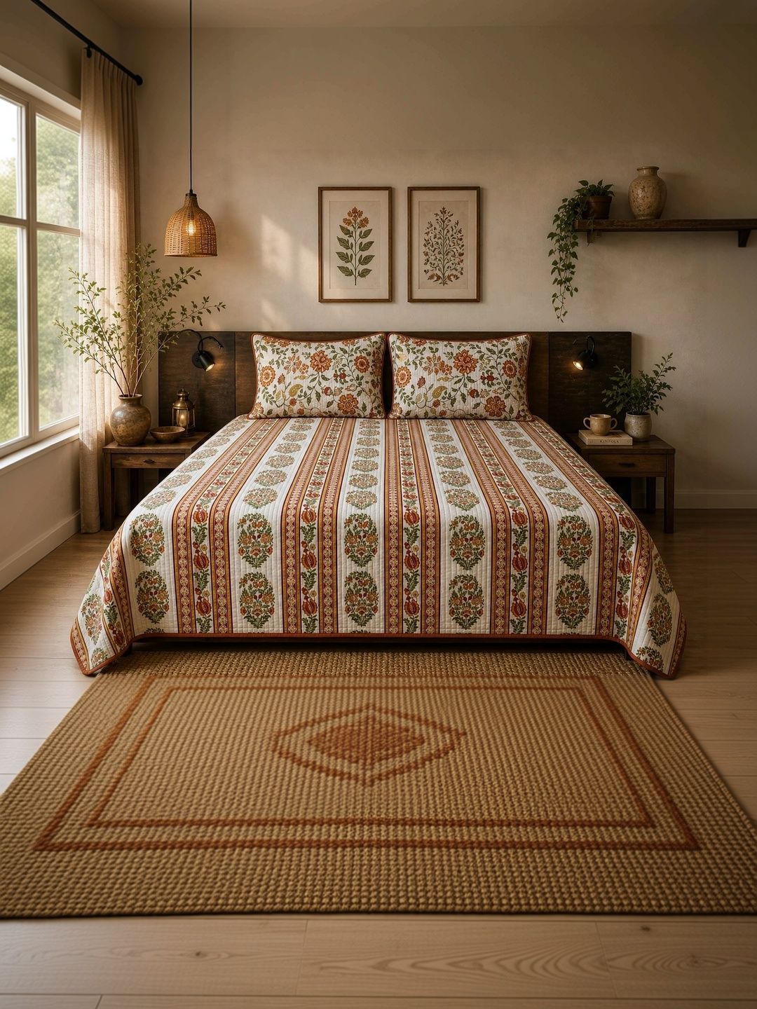 M'Weaves Rust & Green Ethnic Motifs Cotton Double Bed - King Bed Covers-image-16
