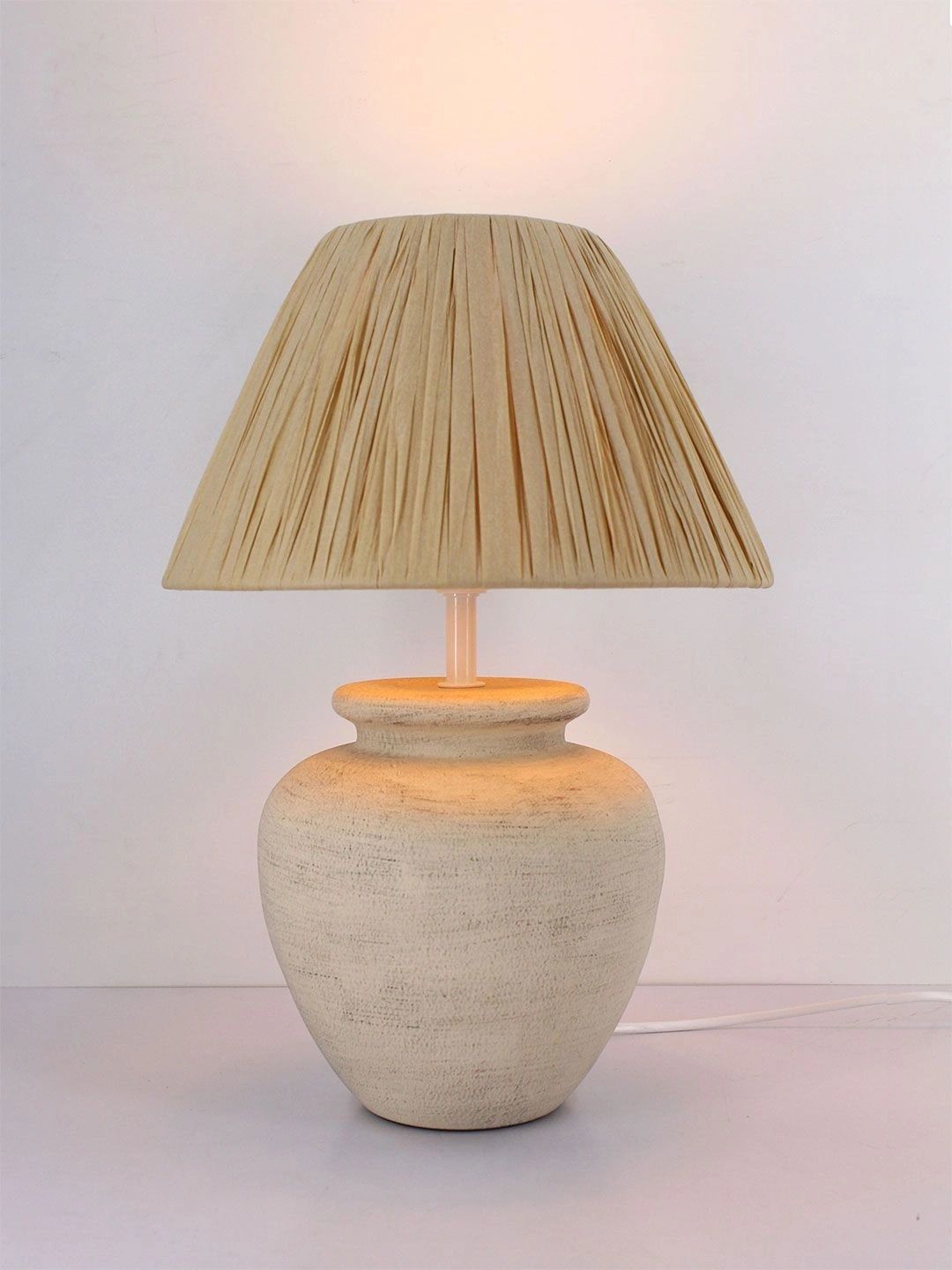 ELARE Cream-Coloured Textured Ceramic Contemporary Frusturical Shaped Table Lamp with Bulb-image-49