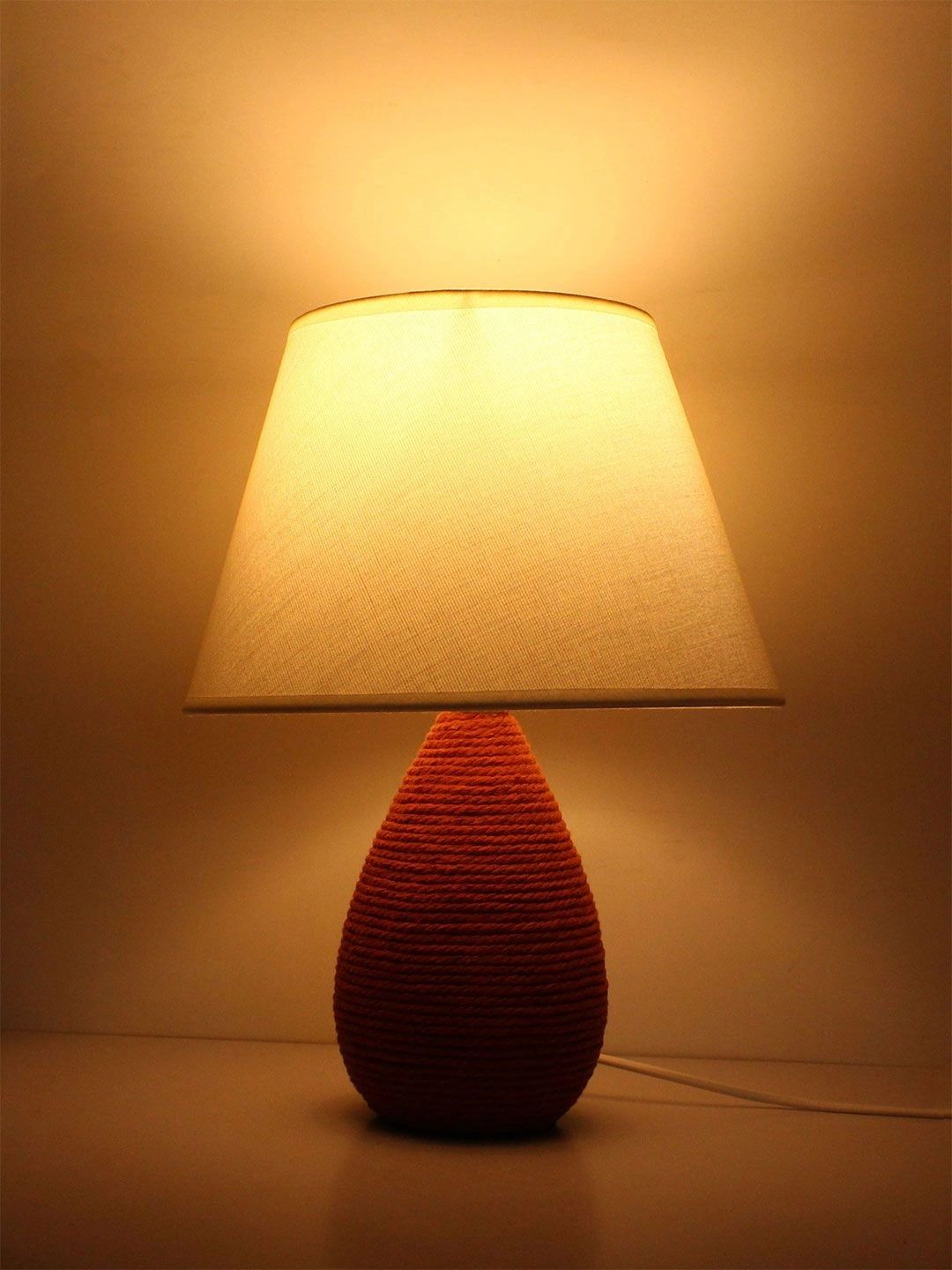 ELARE Red Textured Ceramic Contemporary Frusturical Shaped Table Lamp with Bulb-image-8
