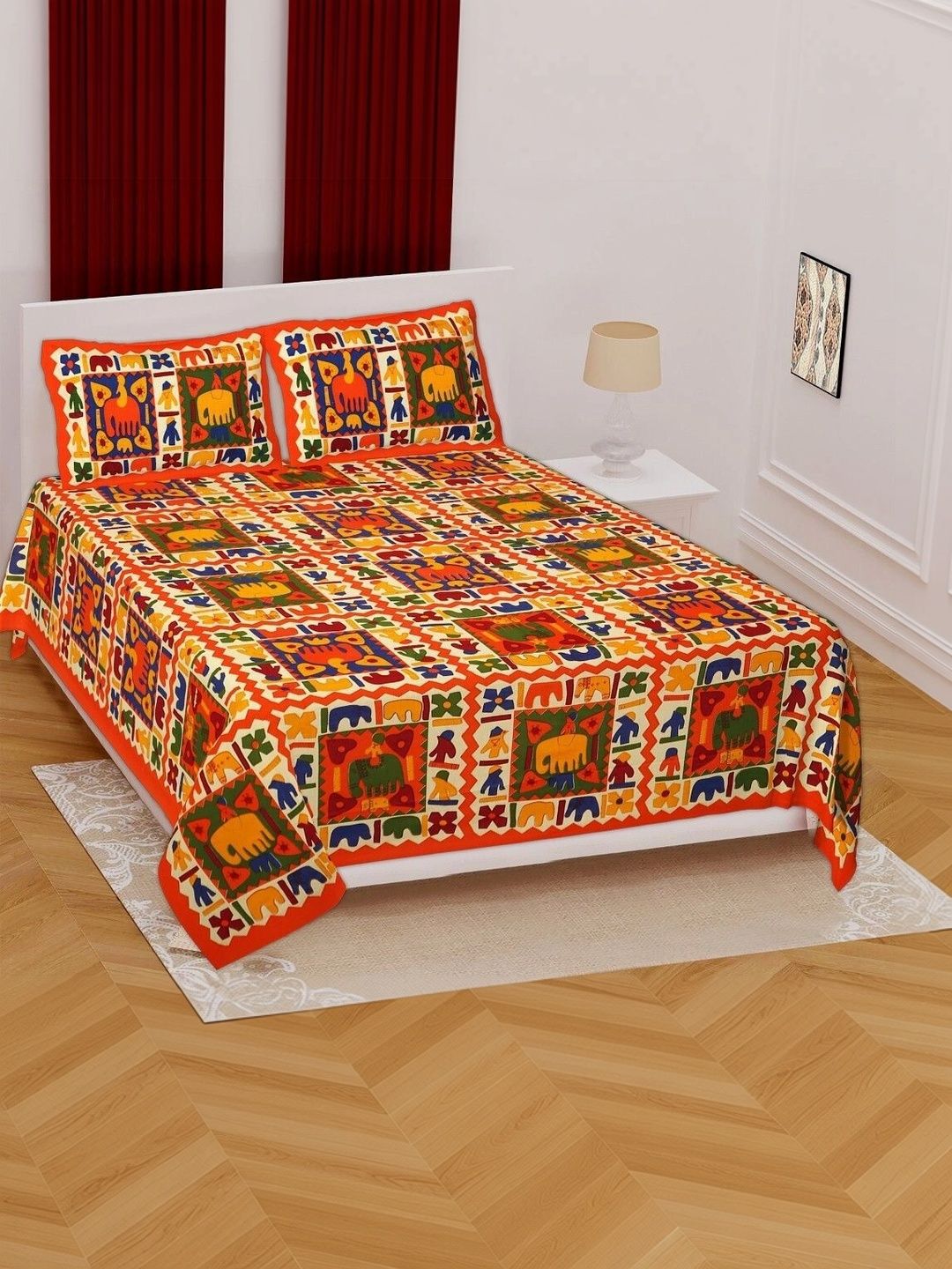 JR CLUB Brown & Orange Ethnic Motifs Bedsheet with 2 Pillow Covers-image-27