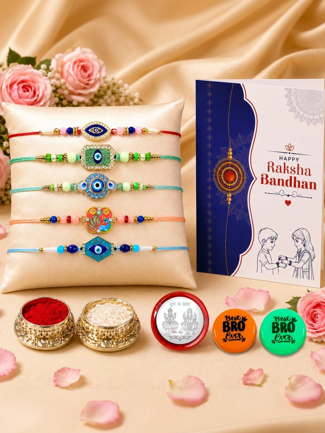 DeoDap Set Of 10 Rakhi Gift Set With Silver Coin & Roli Chawal-picture-12