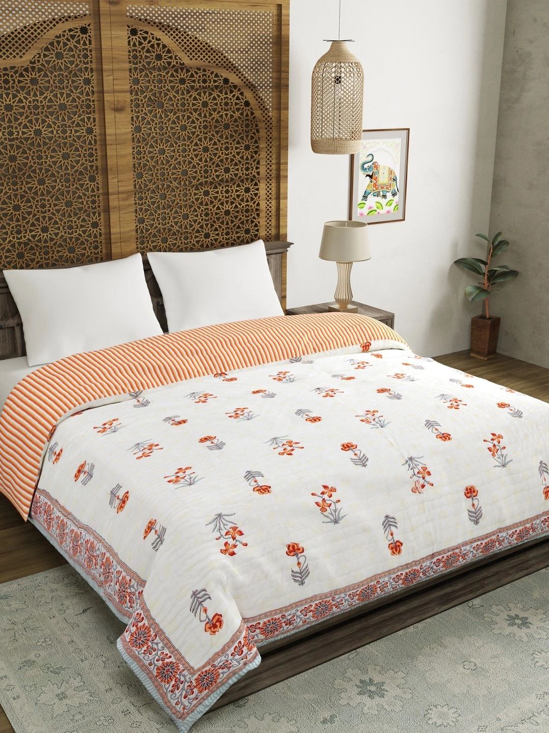 BLOCKS OF INDIA Grey & Orange Floral Mild Winter 350 GSM Quilt-image-49