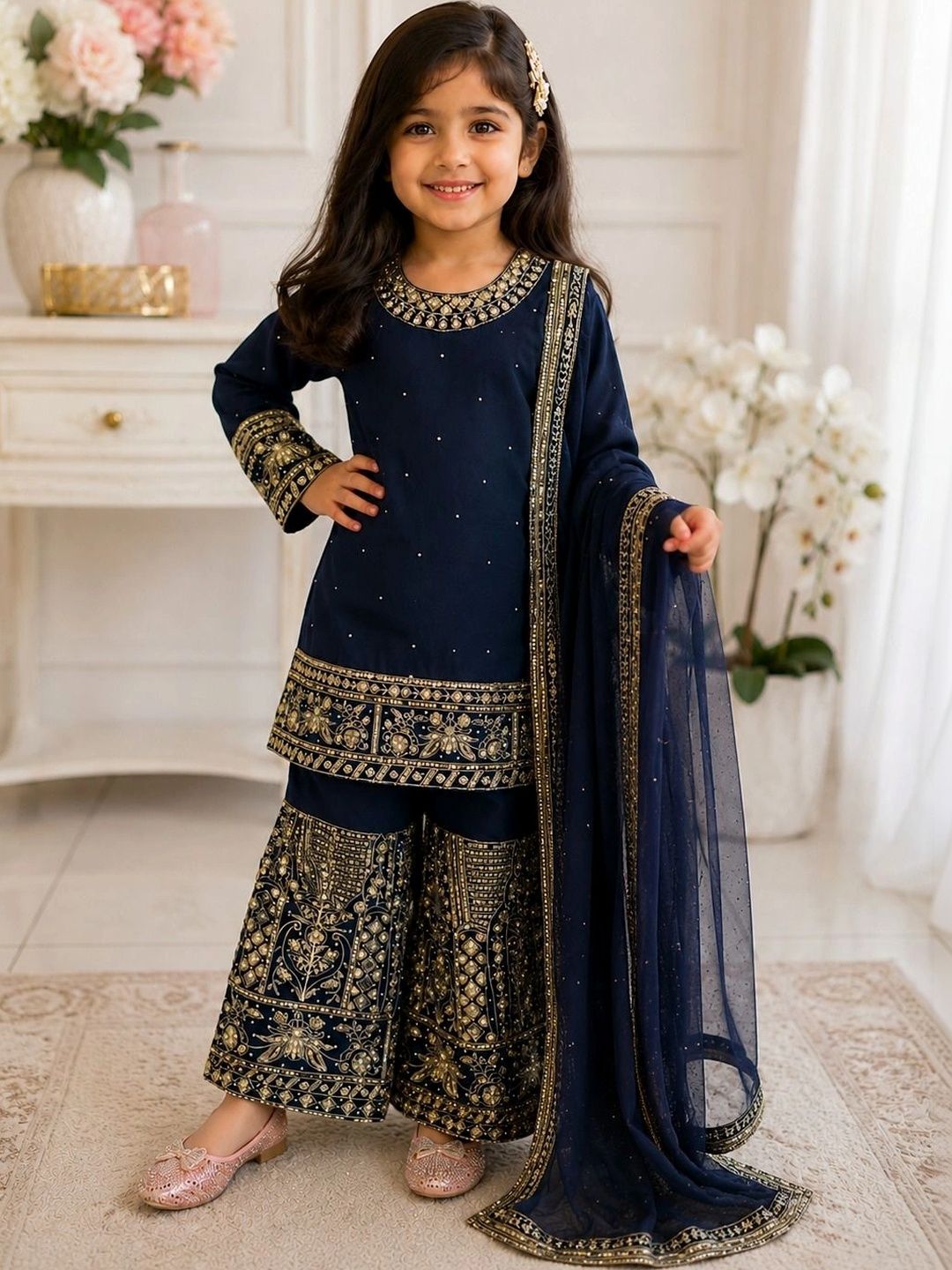 Sangria Girls Ethnic Motifs Embroidered Sequinned Kurta with Sharara & With Dupatta-picture-45