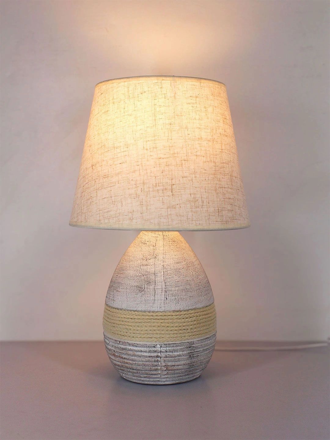 ELARE Beige Textured Ceramic Contemporary Frusturical Shaped Table Lamp with Bulb-image-33