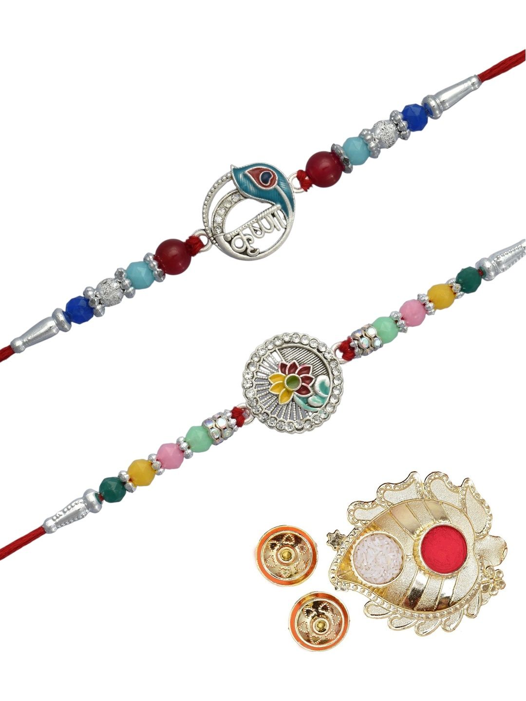 MEIRA JEWELLERY 2-Pcs Silver Plated Rakhi Thali Greeting Card & Roli Chawal-picture-36