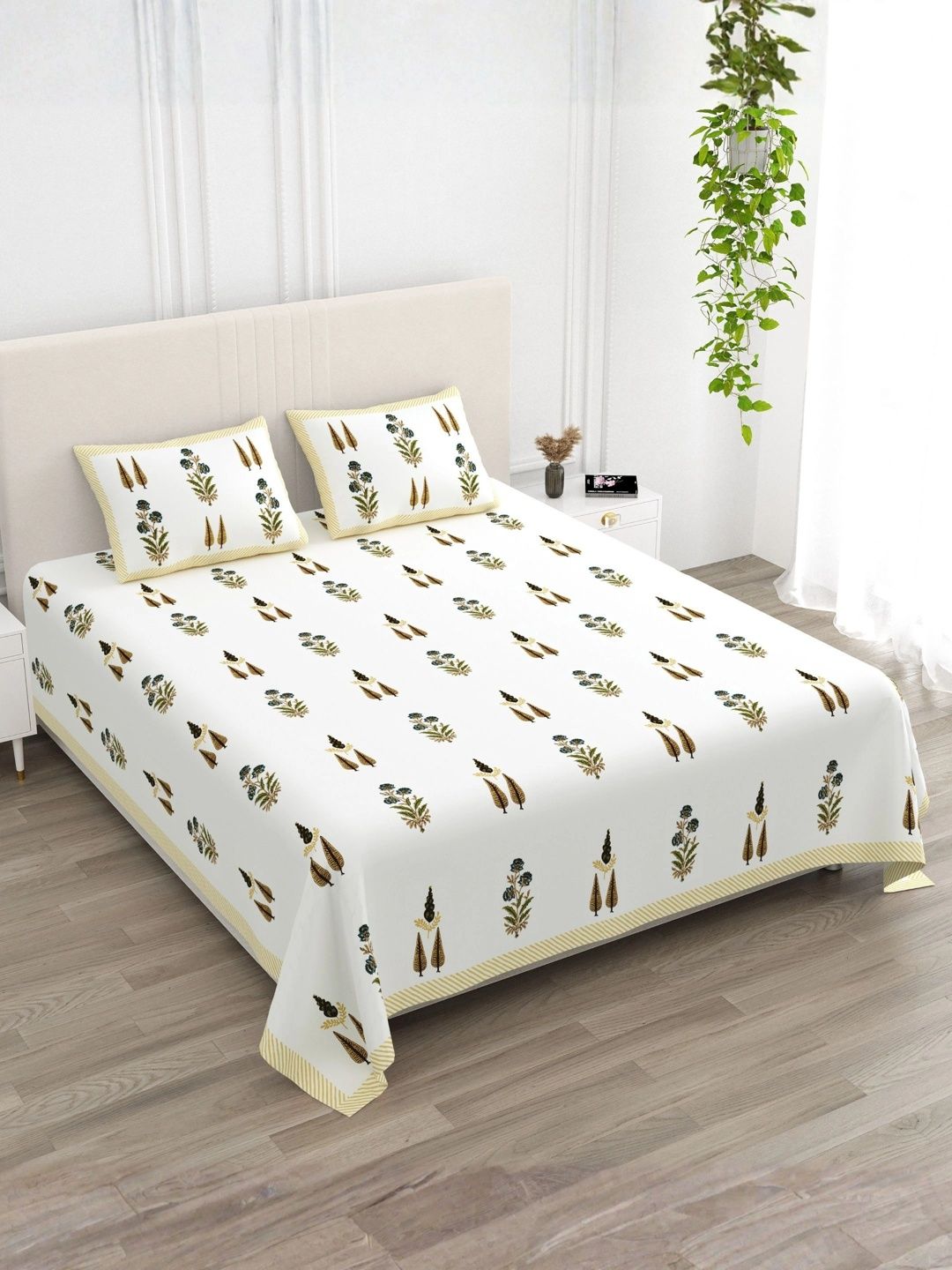 LIVING ROOTS Yellow Floral 144 TC Bedsheet with 2 Pillow Covers-image-17