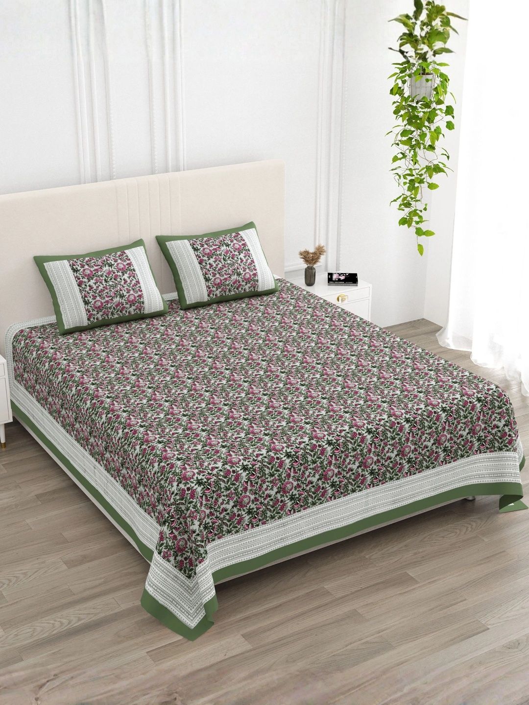 LIVING ROOTS Olive Green & Pink Floral 144 TC Bedsheet with 2 Pillow Covers-image-15