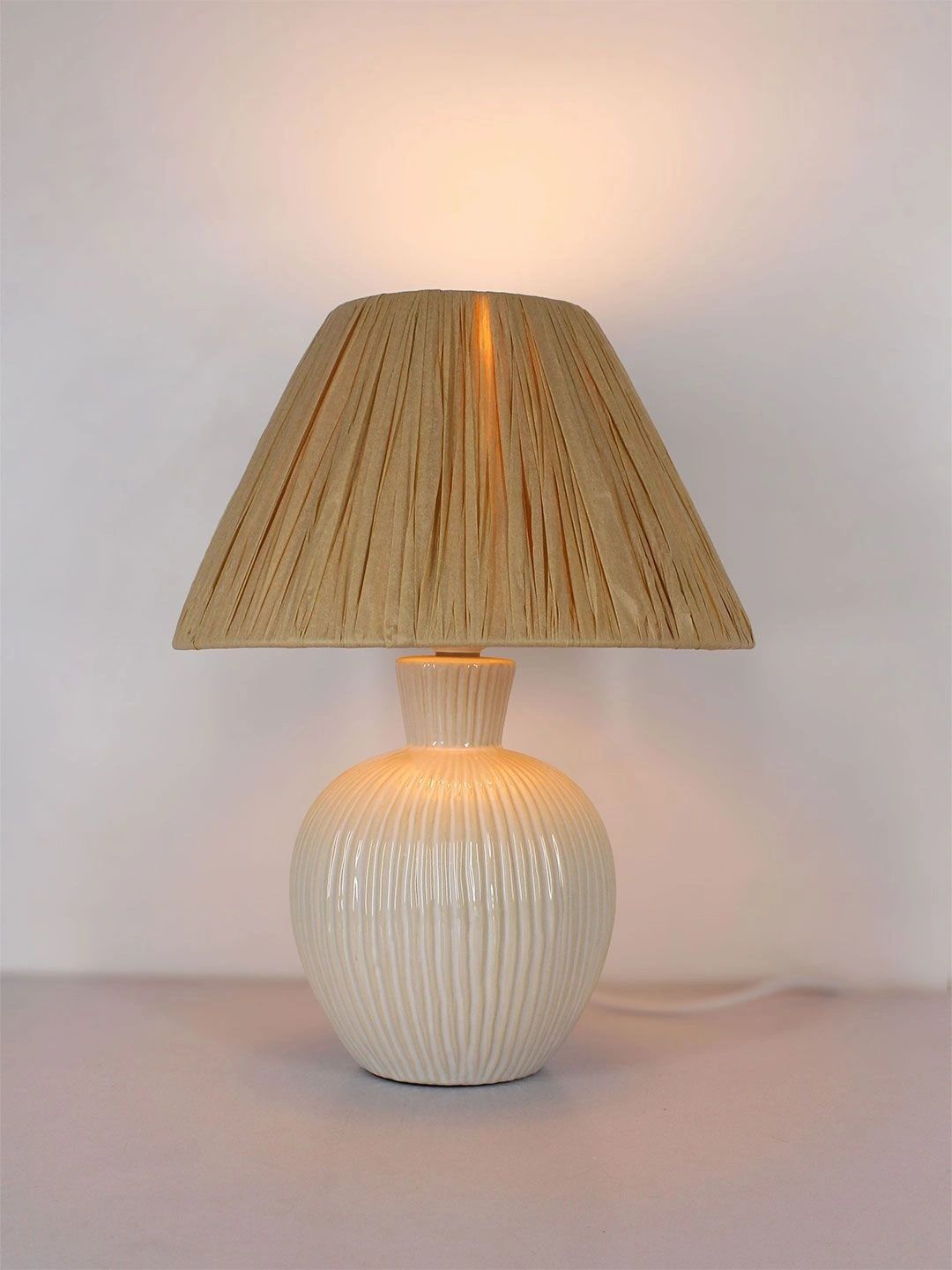 ELARE Cream-Coloured Textured Ceramic Contemporary Spherical Table Lamp with Bulb-image-33