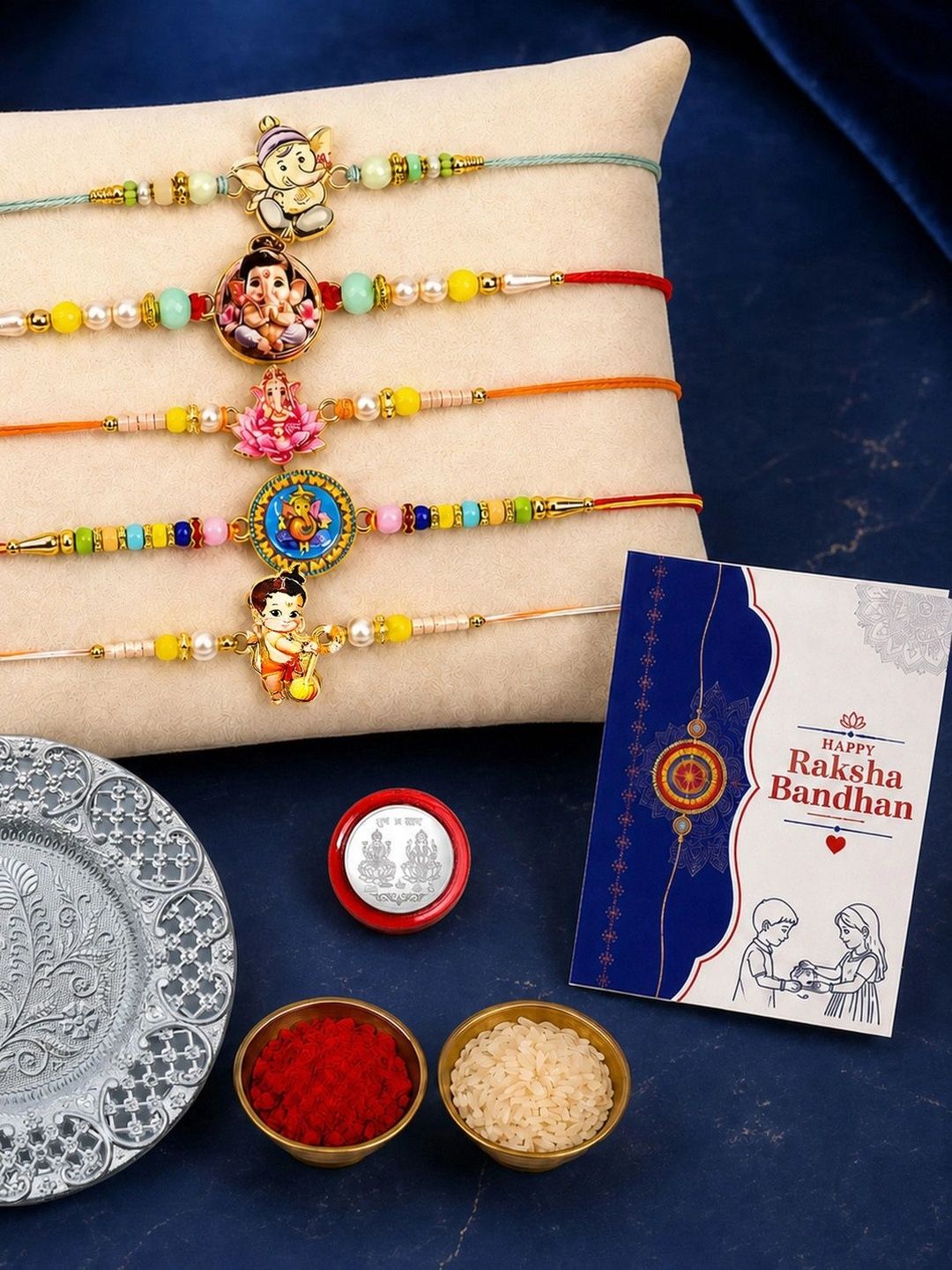 DeoDap Set Of 10 Rakhi Gift Set With Silver Coin & Roli Chawal-picture-17