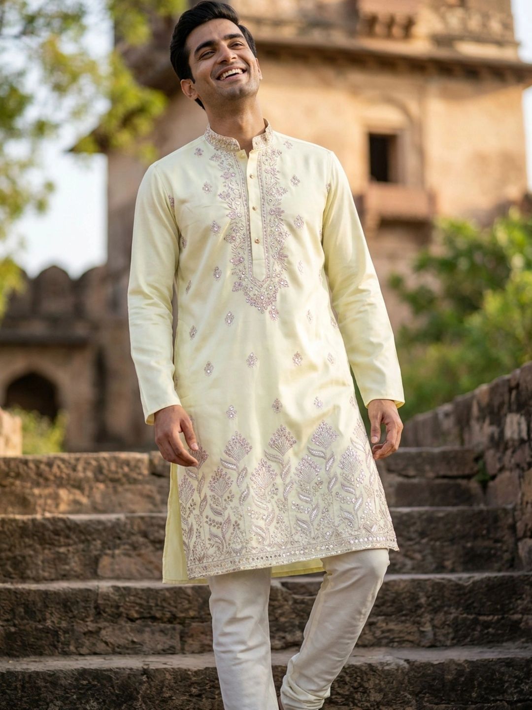 Anouk Men Embellished Mandarin Collar Sequinned Cotton Kurta-picture-14