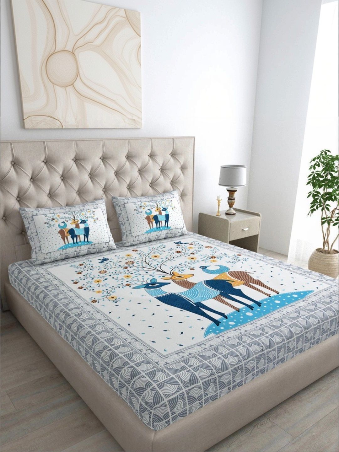 JR CLUB White & Blue Floral Bedsheet with 2 Pillow Covers-image-4