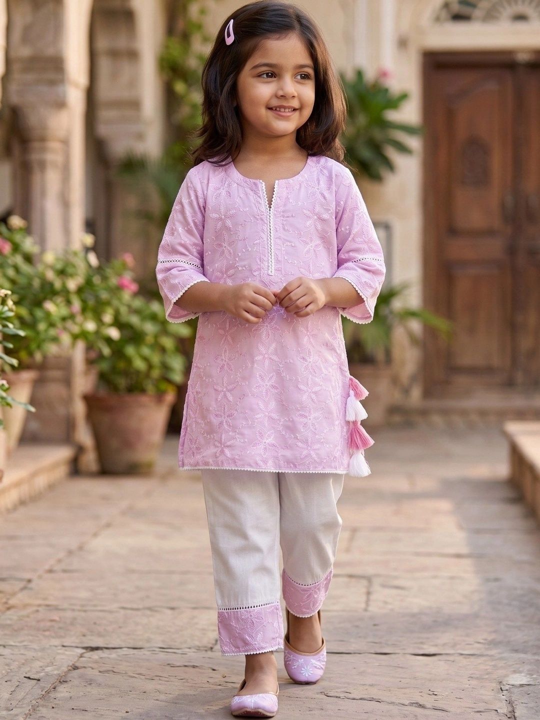 Desi Soota Girls Ethnic Motifs Embroidered Regular Thread Work Pure Cotton Kurta with Trousers-image-6