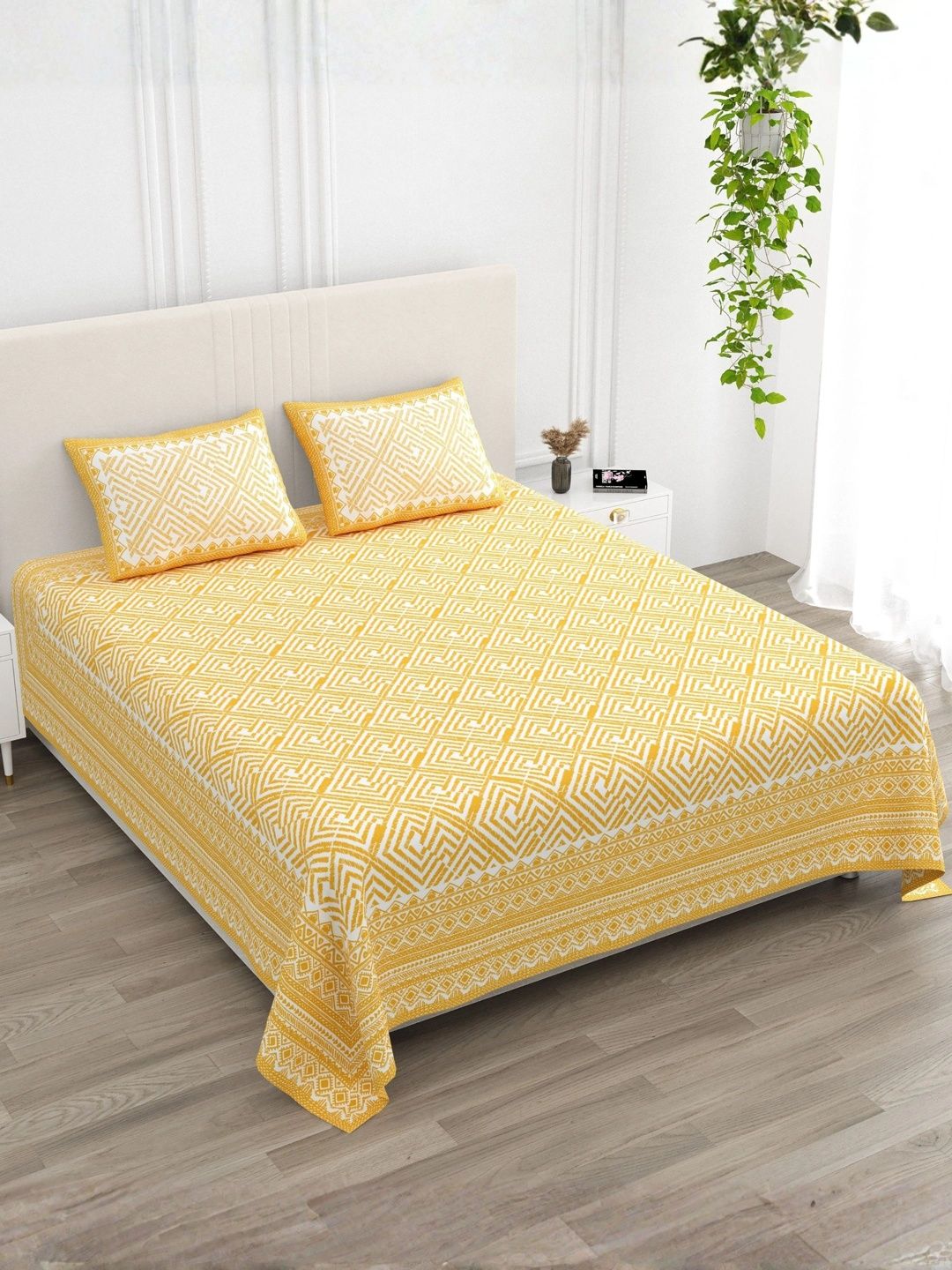 LIVING ROOTS Yellow Geometric 144 TC King Bedsheet with 2 Pillow Covers-image-48
