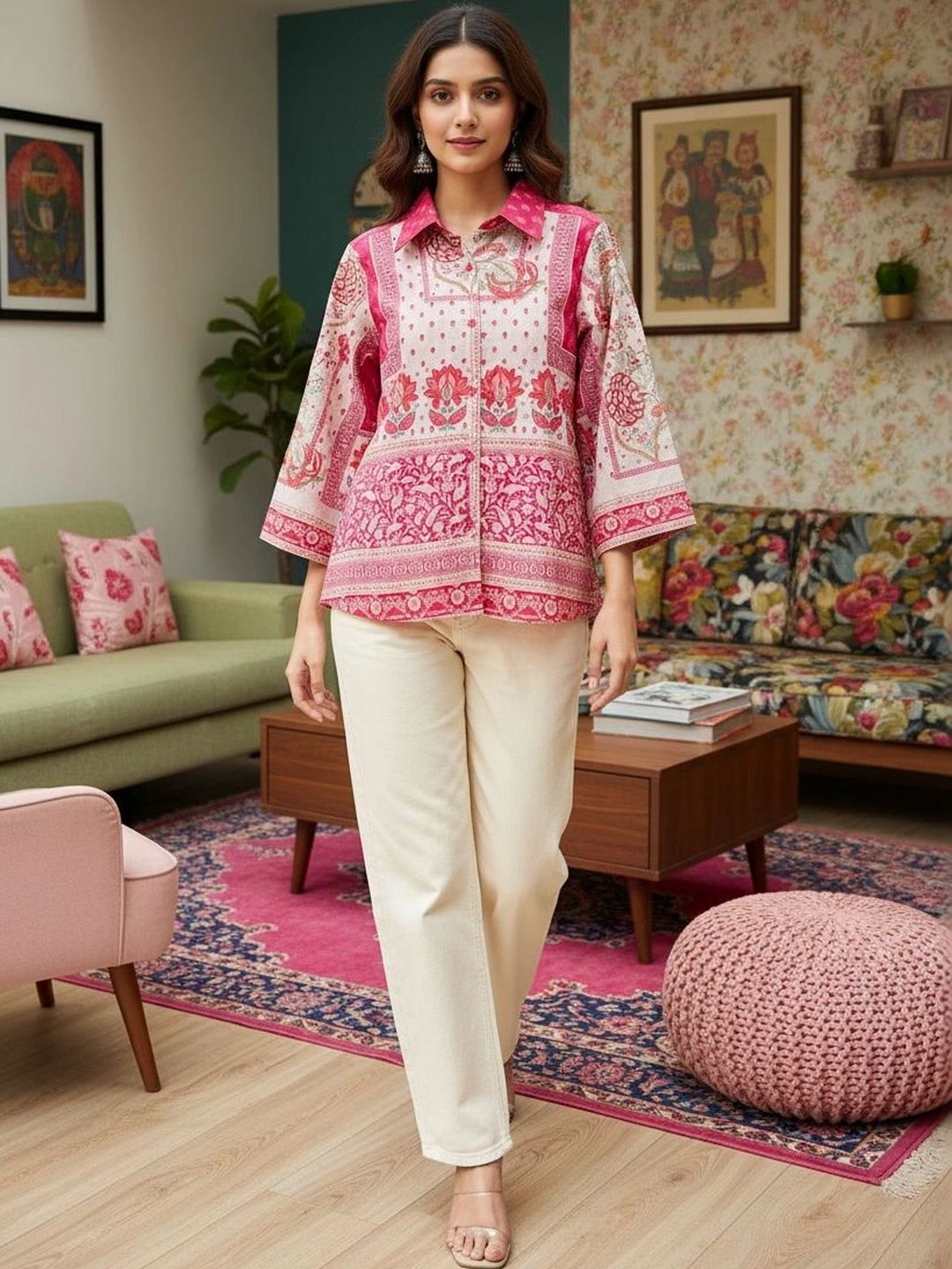 Anouk Ethnic Motifs Printed Shirt Collar Pure Cotton Blend Kurti-picture-58