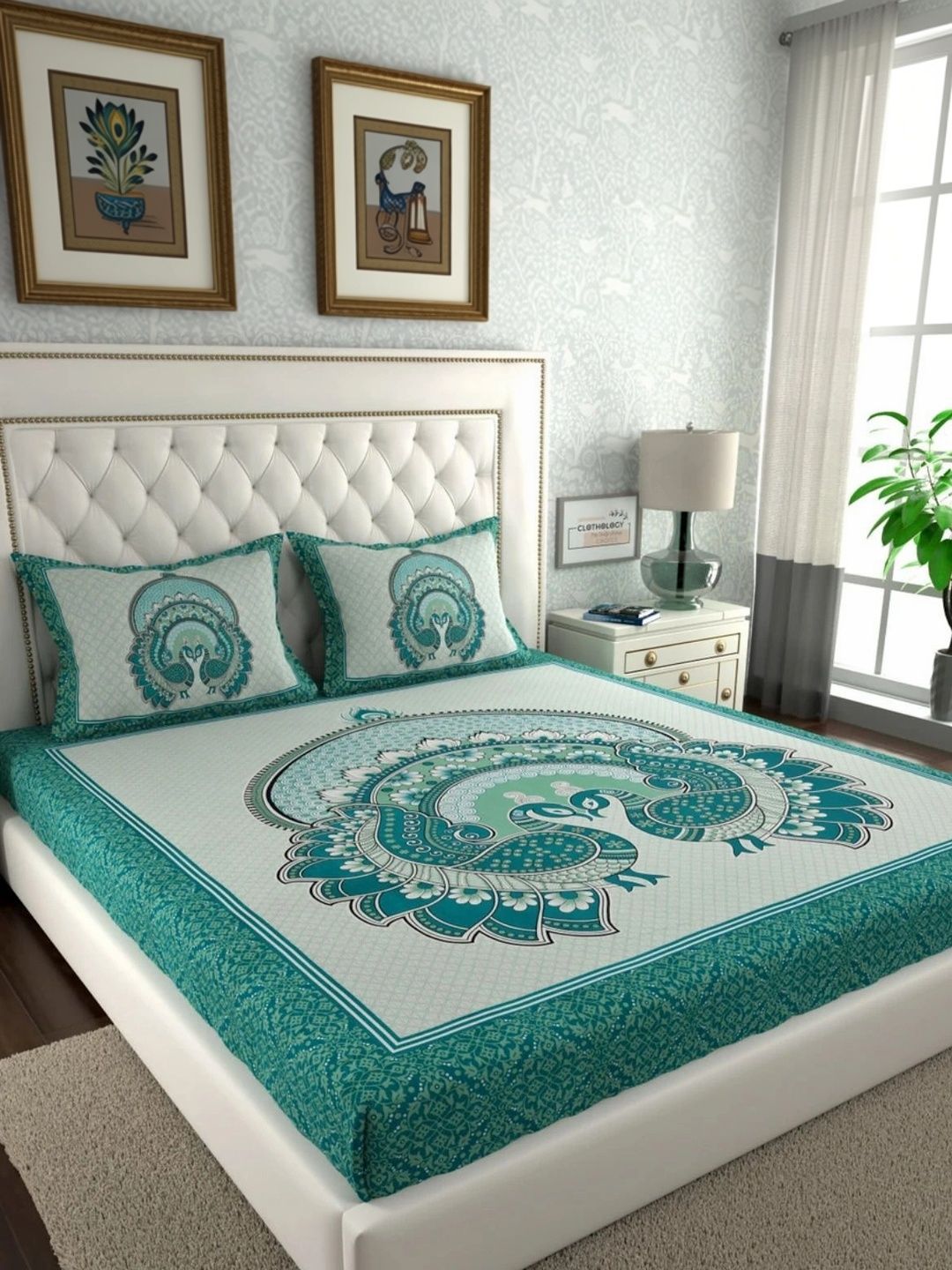 JR CLUB Green & Turquoise Blue Floral Bedsheet with 2 Pillow Covers-image-47