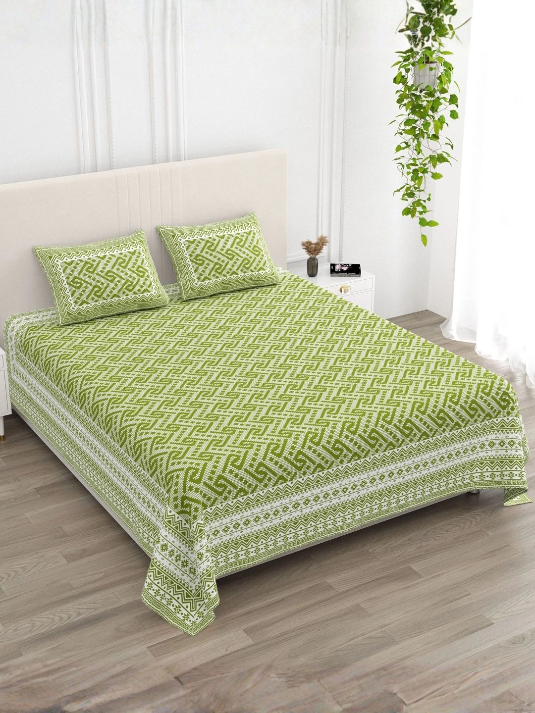 LIVING ROOTS Green & White Geometric 144 TC Bedsheet with 2 Pillow Covers-image-13