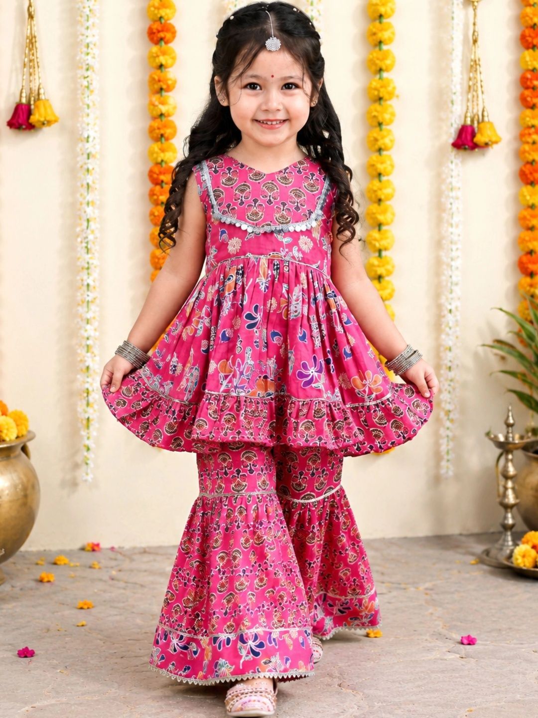 BAESD Girls Ethnic Motifs Printed Empire Pure Cotton Kurta with Sharara-picture-38