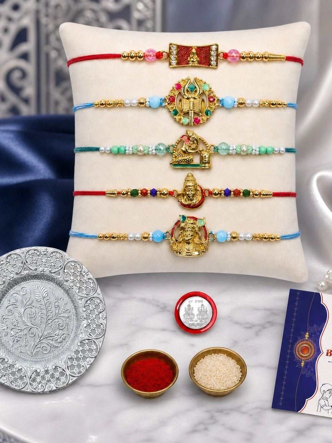 DeoDap Set Of 10 Rakhi Gift Set With Silver Coin & Roli Chawal-picture-14