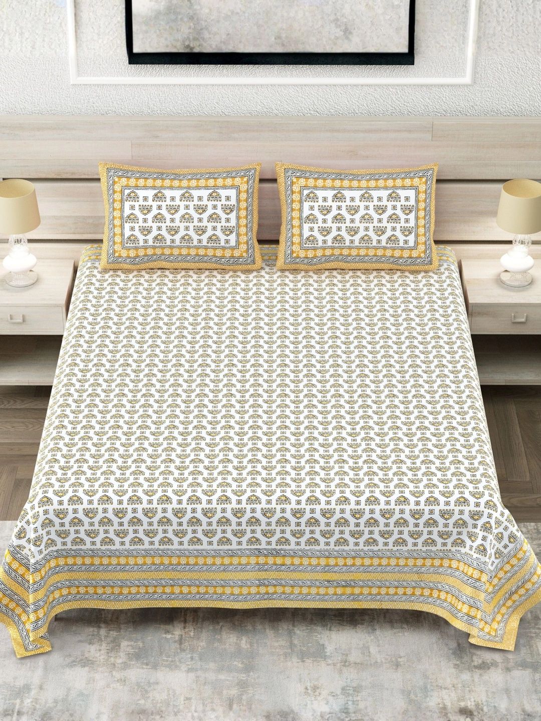 LIVING ROOTS Yellow & Gold-Toned Ethnic Motifs 144 TC King Bedsheet with 2 Pillow Covers-image-34