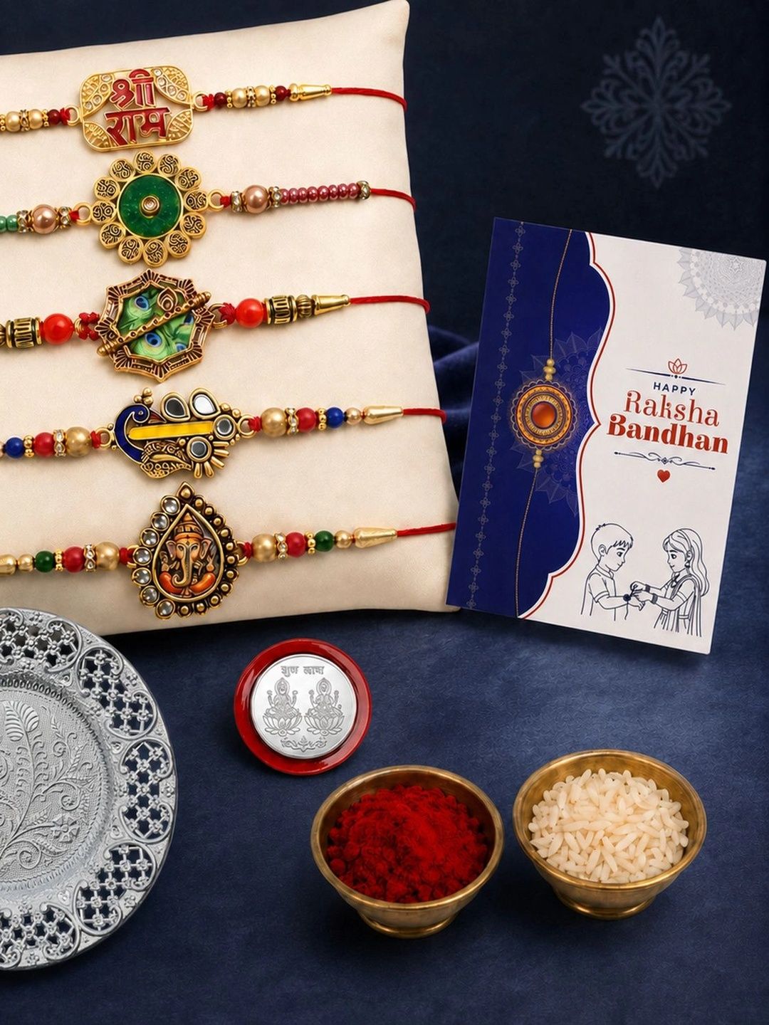 DeoDap Unisex Set Of 10 Rakhi Gift Set With Silver Coin & Roli Chawal-picture-18