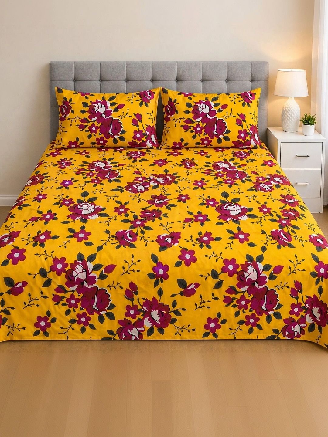 Jaxx The Love Store Yellow & Pink Floral 210 TC Bedsheet with 2 Pillow Covers-picture-11