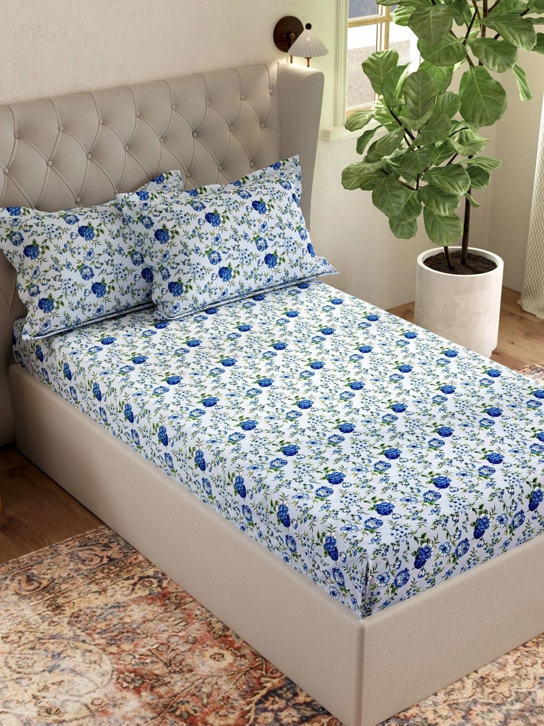 Pure Decor White & Blue Floral 180 TC Single Bedsheet with 2 Pillow Covers-image-30