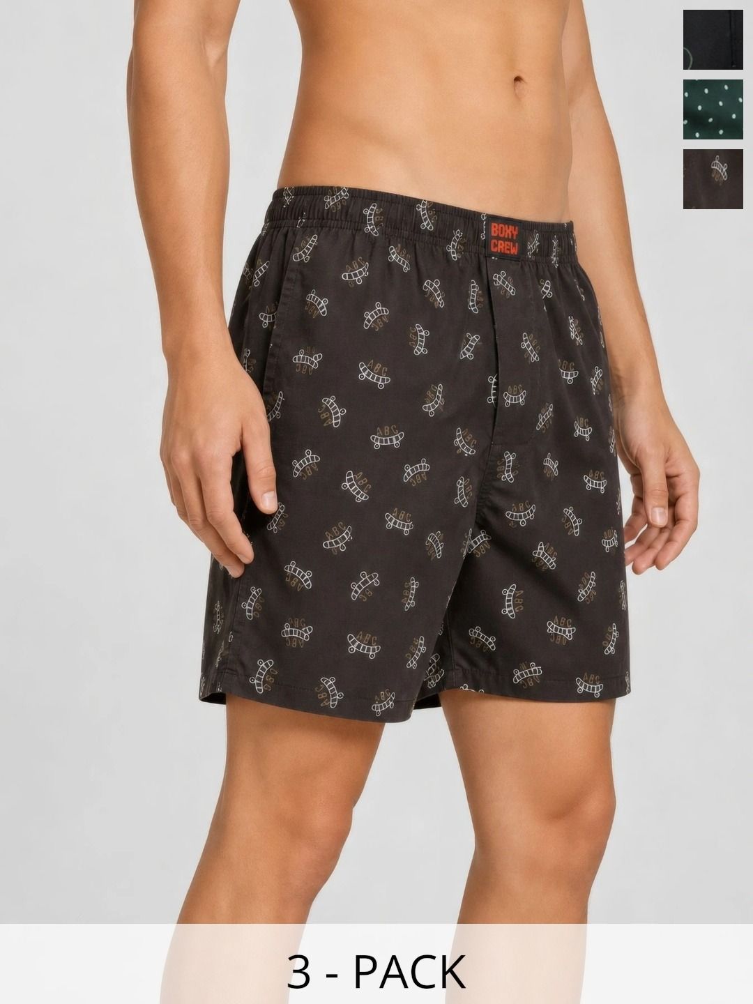 Boxy Crew Pack Of 3 Printed Pure Cotton Breathable Boxers-image-12