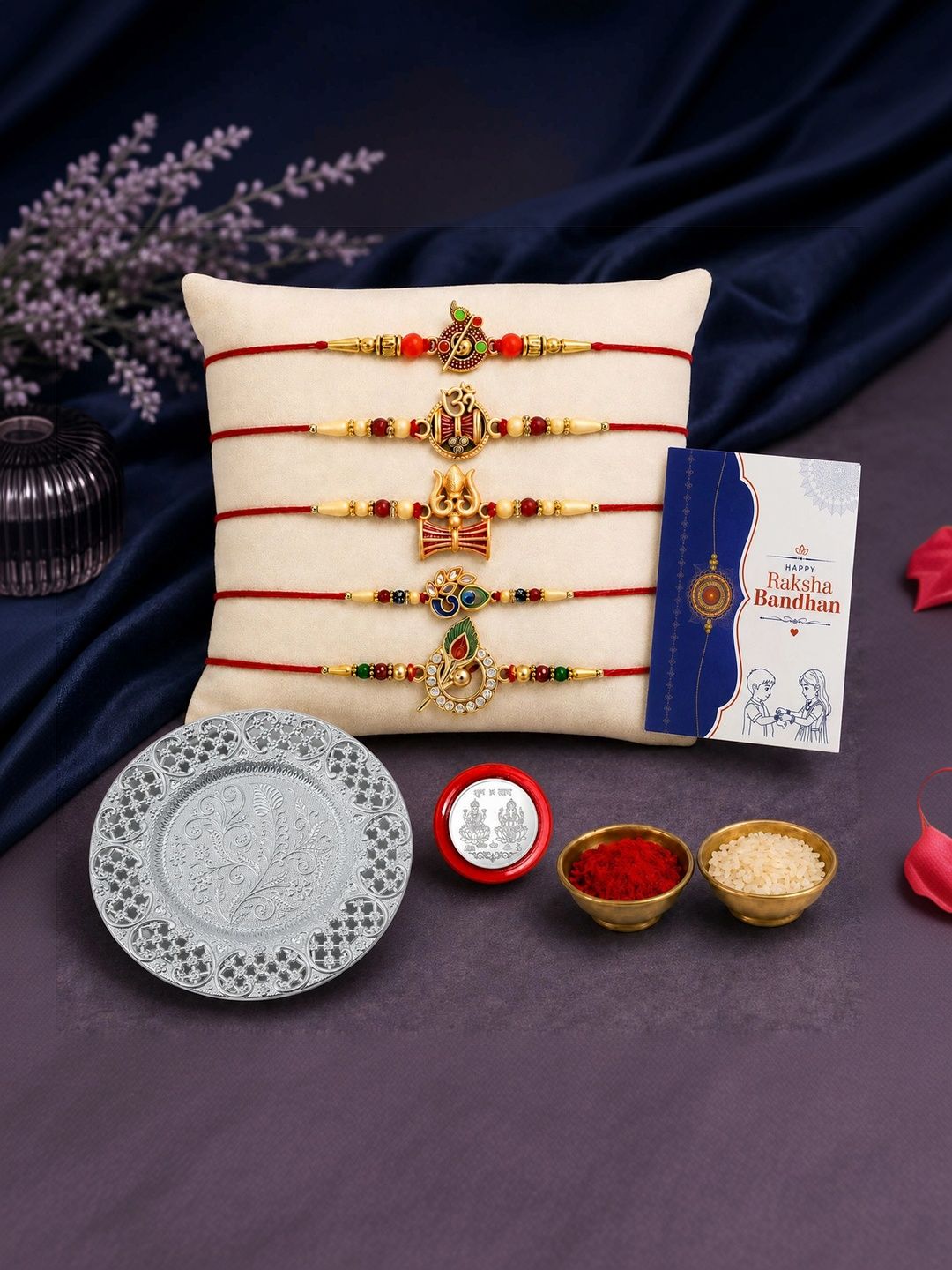 DeoDap Set Of 10 Rakhi Gift Set With Silver Coin & Roli Chawal-picture-11