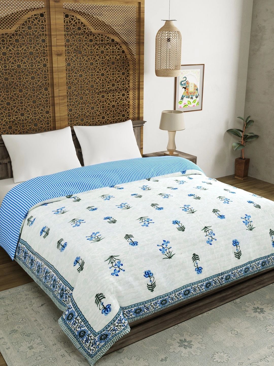 BLOCKS OF INDIA Blue & Green Floral Mild Winter 350 GSM Dohar-image-12