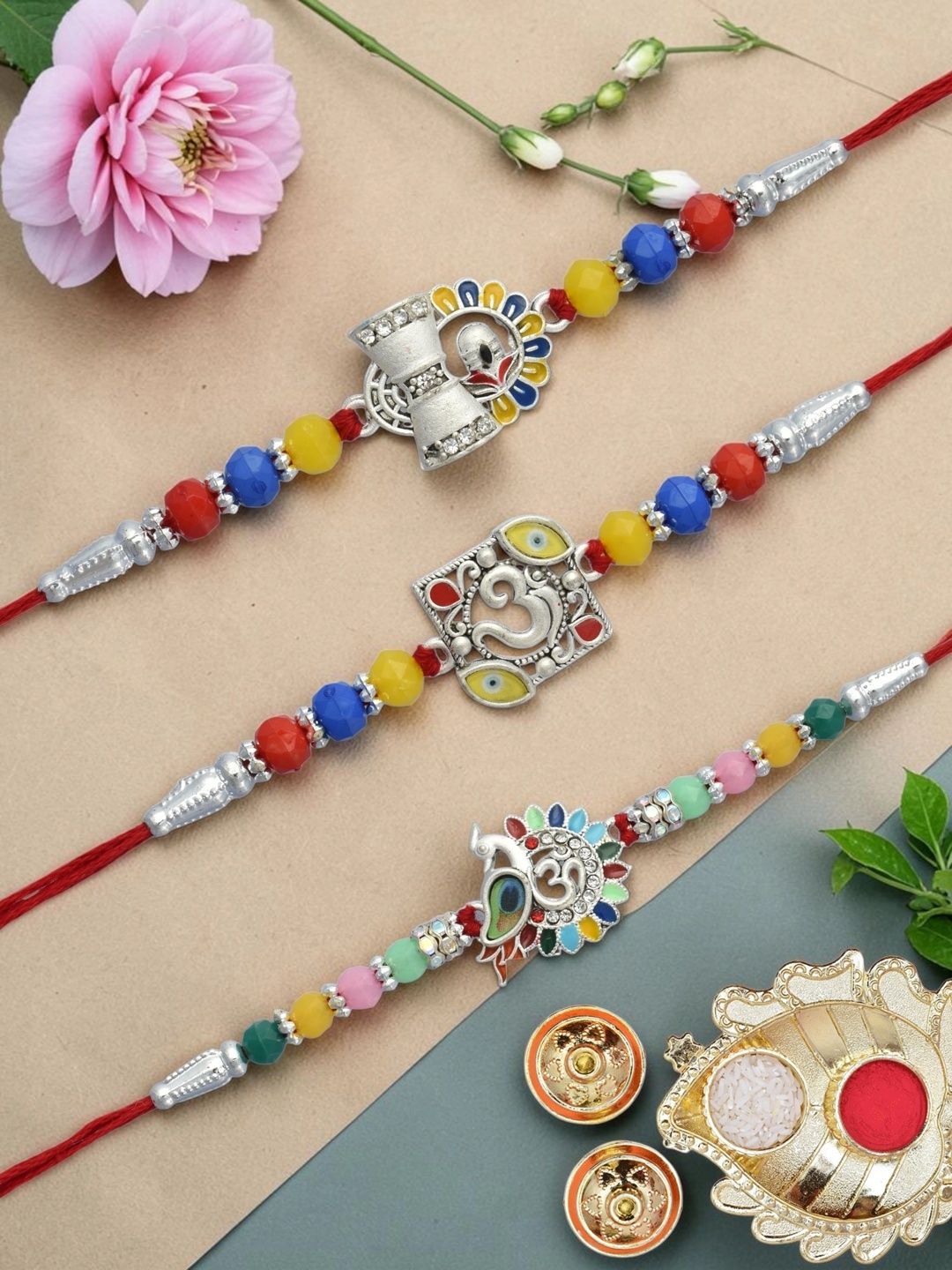 MEIRA JEWELLERY 3-Pcs Silver Plated Rakhi Thali Greeting Card & Roli Chawal-picture-52