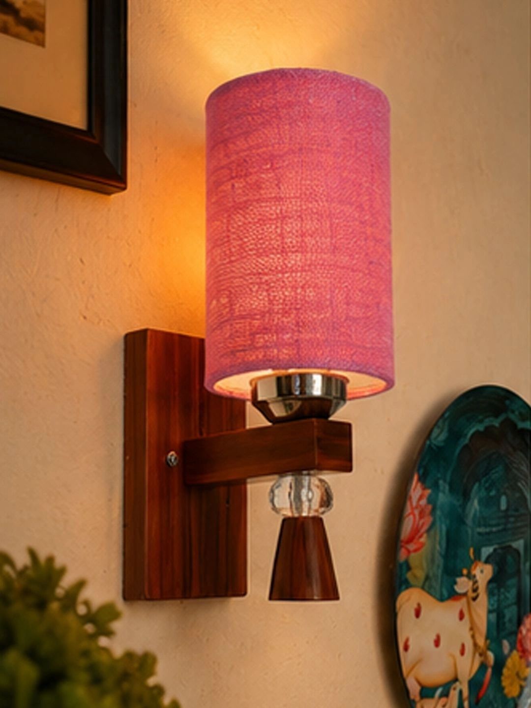 Myntra Elegant Homes Pink Textured Wood Cylinder Shaped Wall Lamp-picture-10