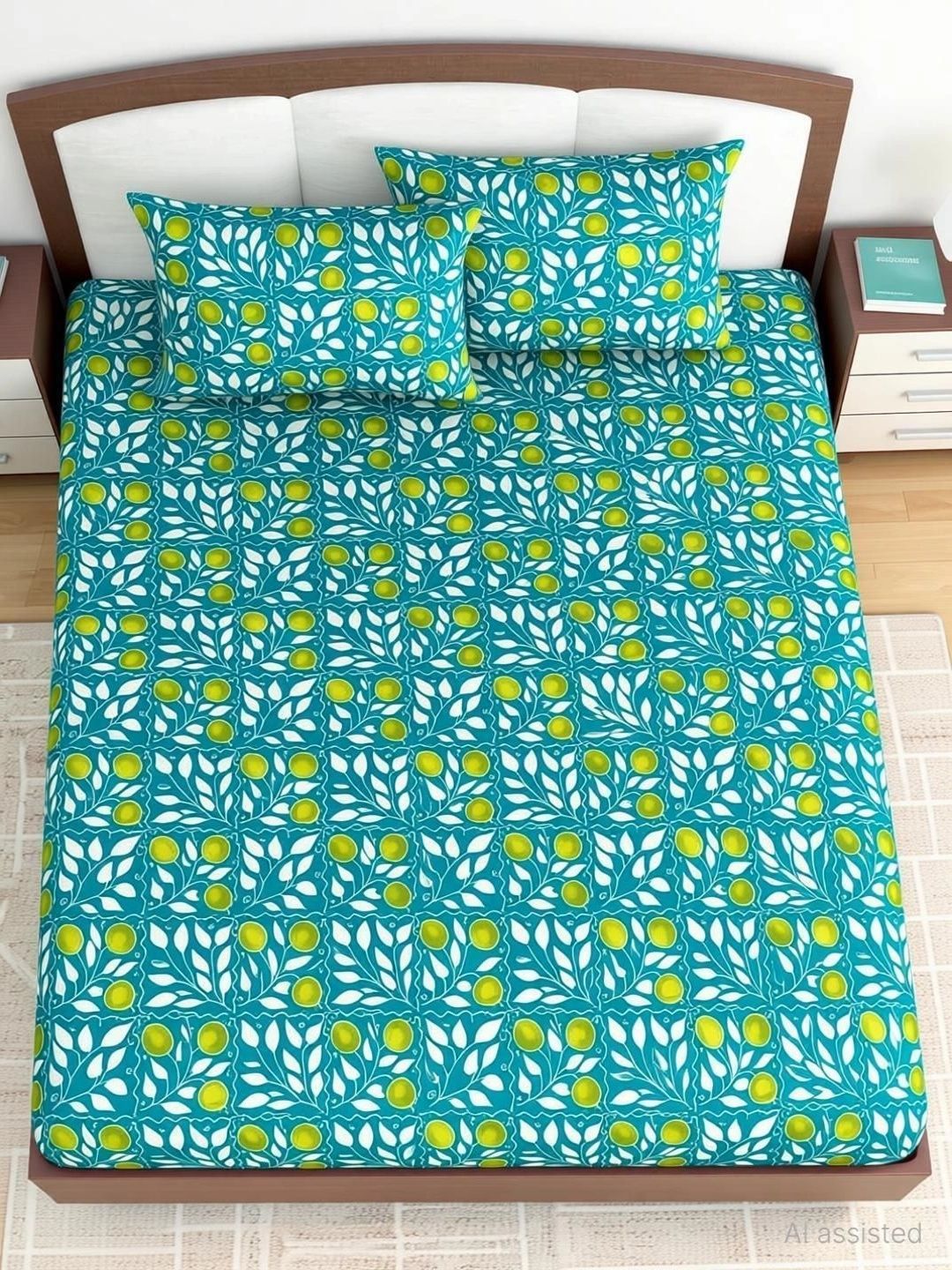 JR CLUB Green & Yellow Floral Bedsheet with 2 Pillow Covers-image-10