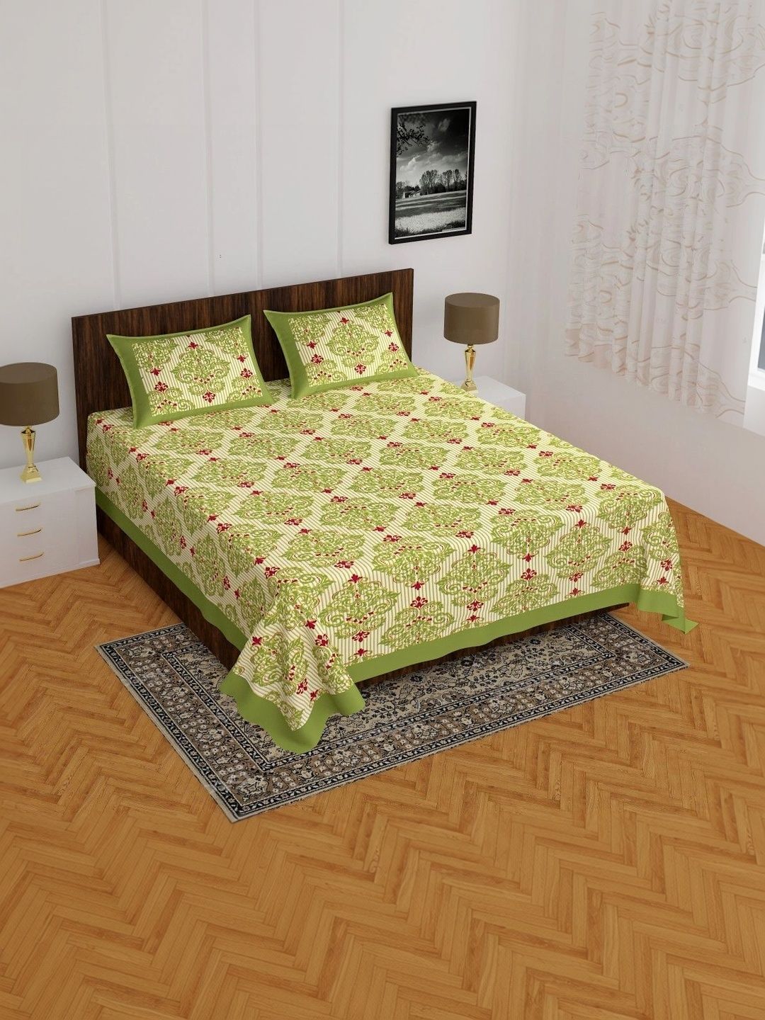 JR CLUB Green & Red Floral Bedsheet with 2 Pillow Covers-image-46
