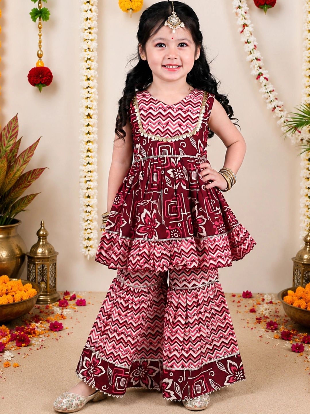 BAESD Girls Ethnic Motifs Printed Tiered Pure Cotton Kurti with Sharara-picture-12