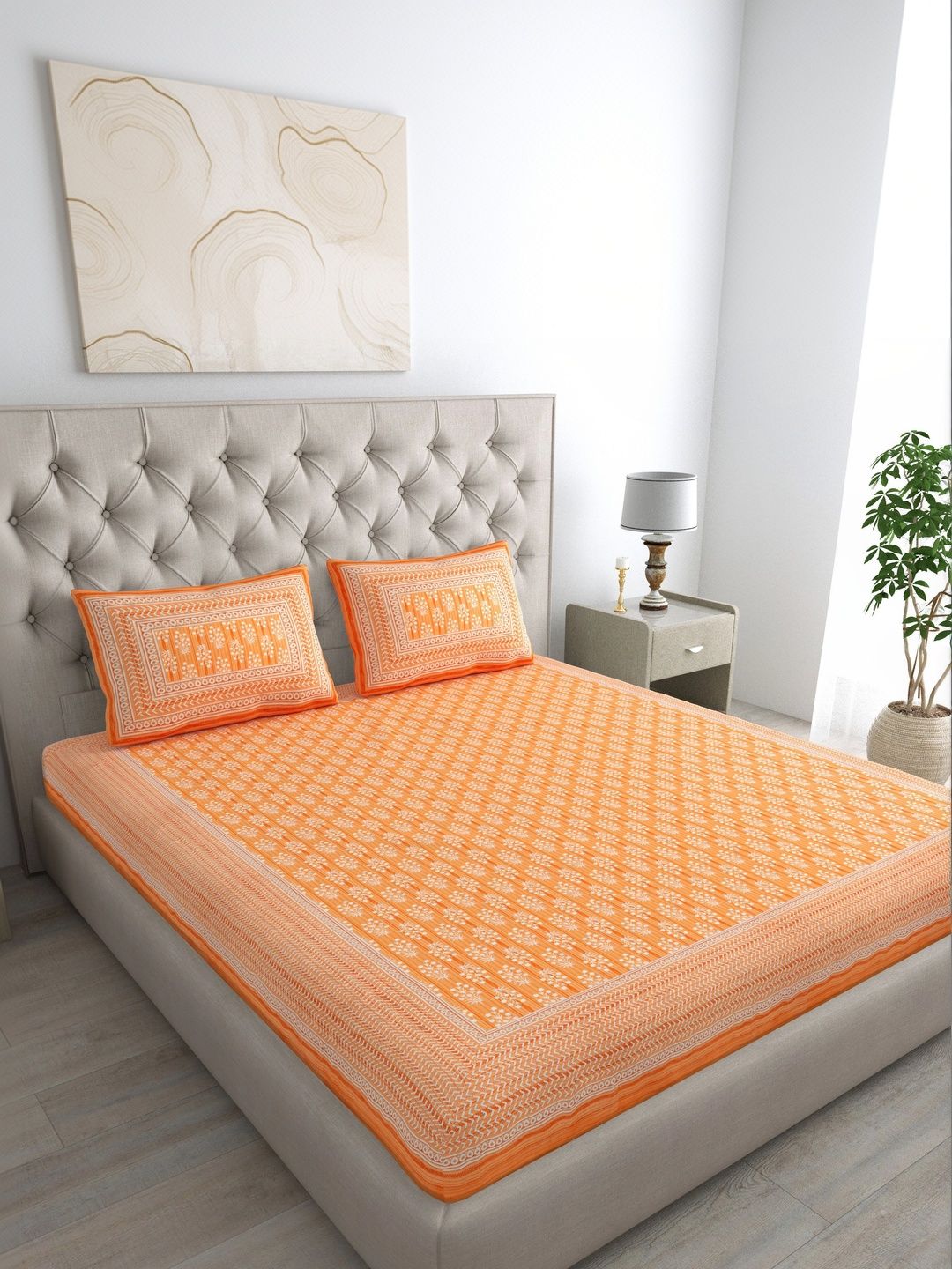JR CLUB Orange & White Floral Bedsheet with 2 Pillow Covers-image-17