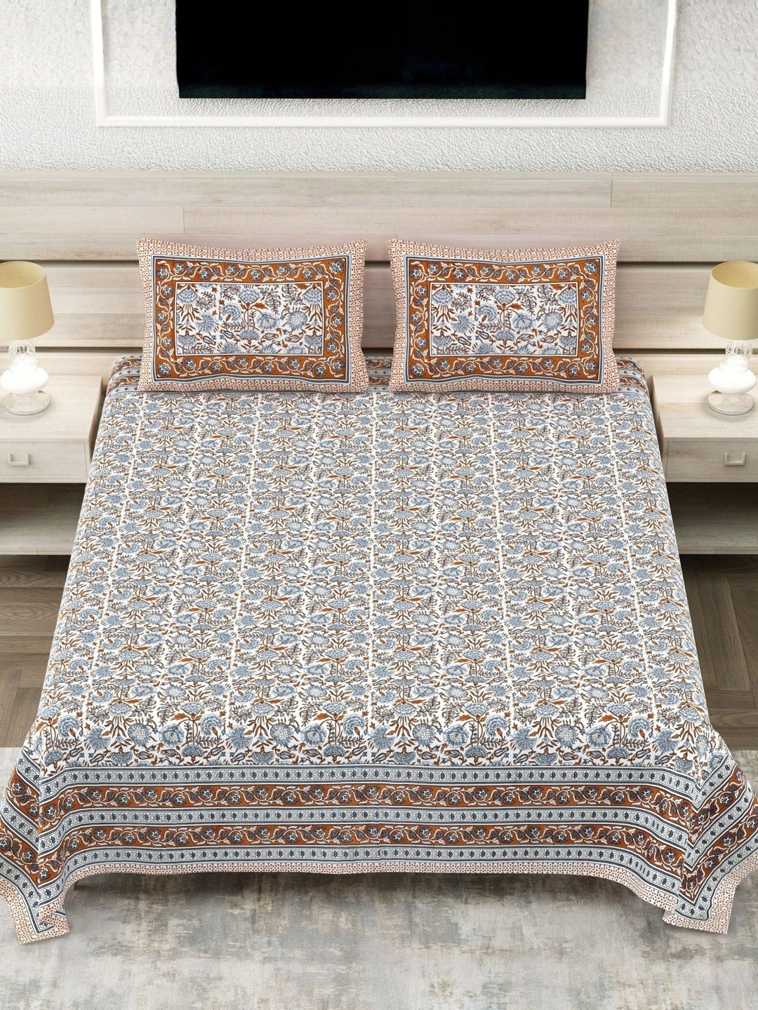 LIVING ROOTS Brown Floral 144 TC King Bedsheet with 2 Pillow Covers-image-19