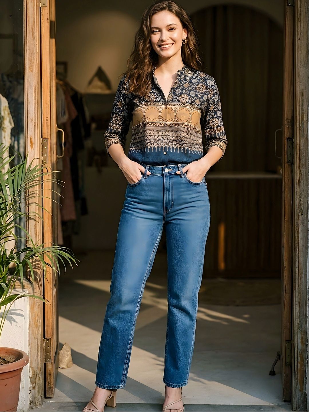 Banwaree Print Mandarin Collar Ethnic Crepe Top-picture-32