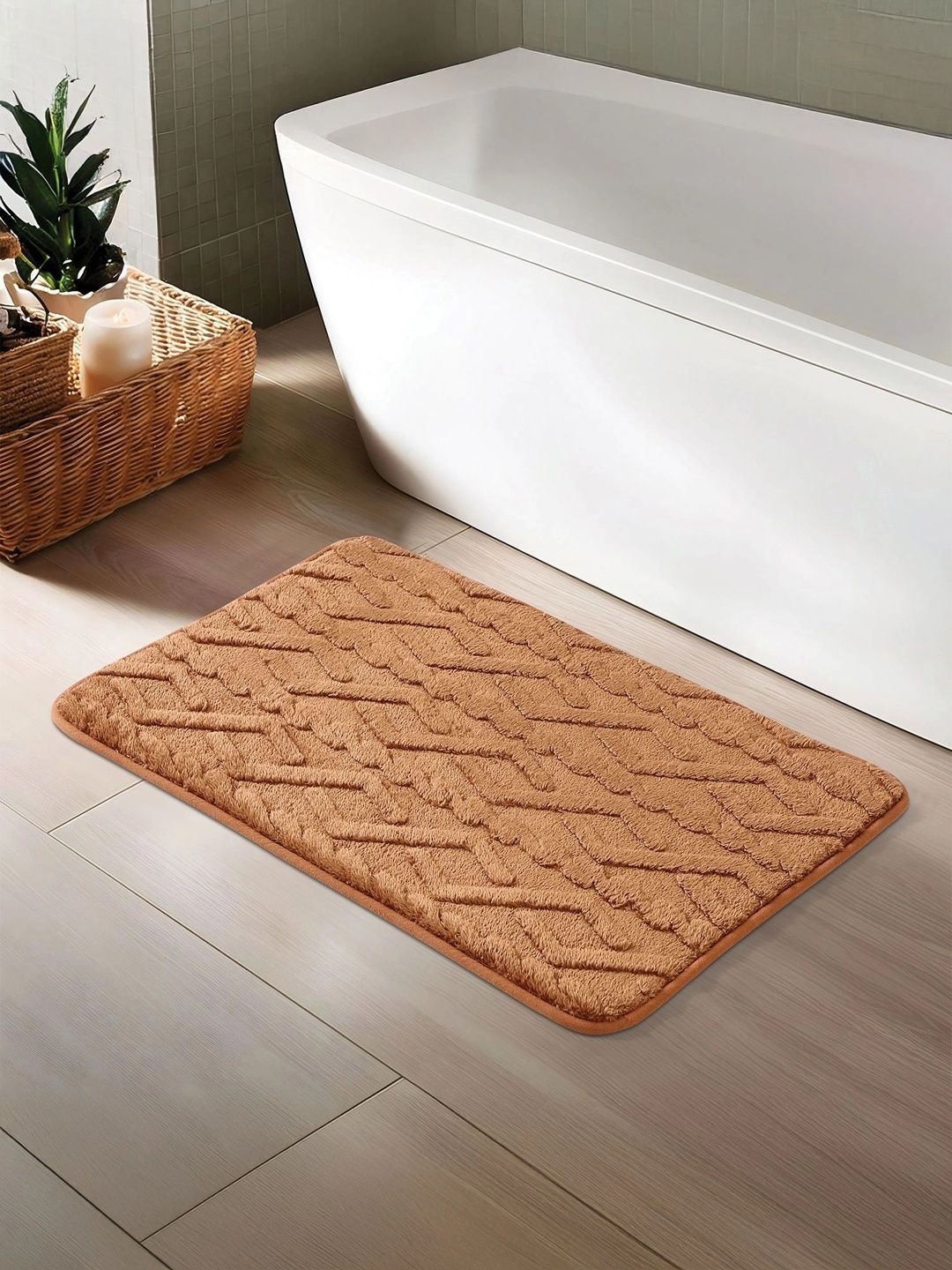 OBSESSIONS Brown Self Design Anti-Skid Bath Rugs-image-15