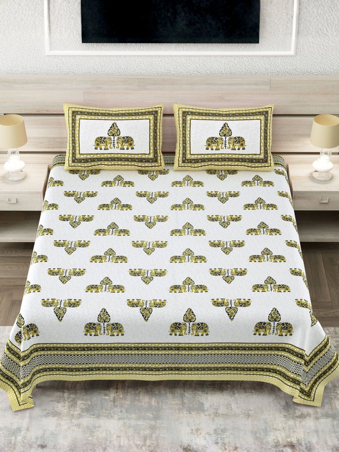 LIVING ROOTS Mustard & White 144 TC Bedsheet with 2 Pillow Covers-image-34