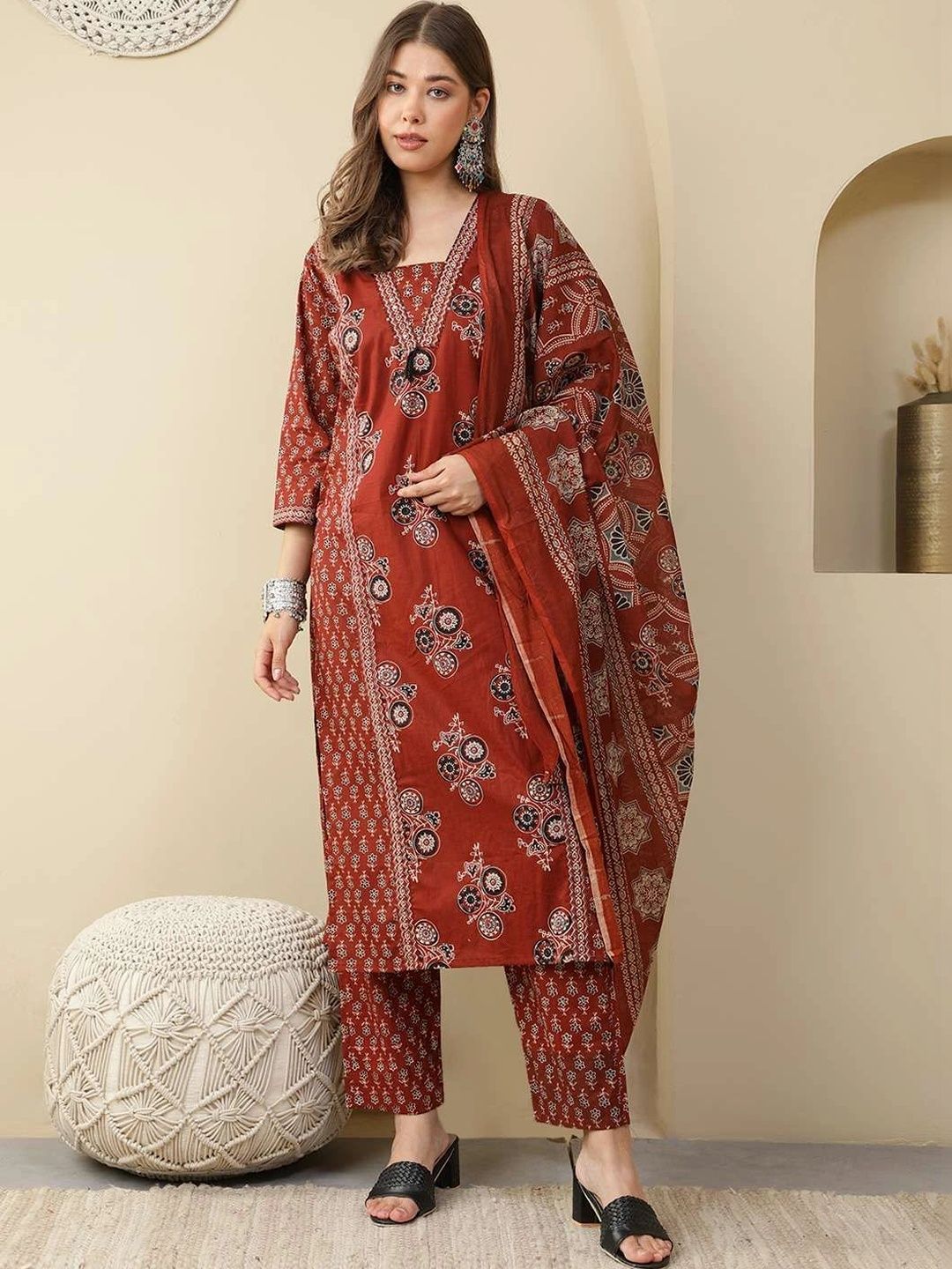 Kalphem Women Ethnic Motifs Printed Regular Pure Cotton Kurta with Trousers & With Dupatta-picture-47