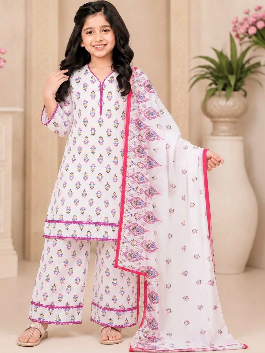 Sangria Girls Ethnic Motifs Printed Regular Pure Cotton Kurta with Palazzos & With Dupatta-picture-10