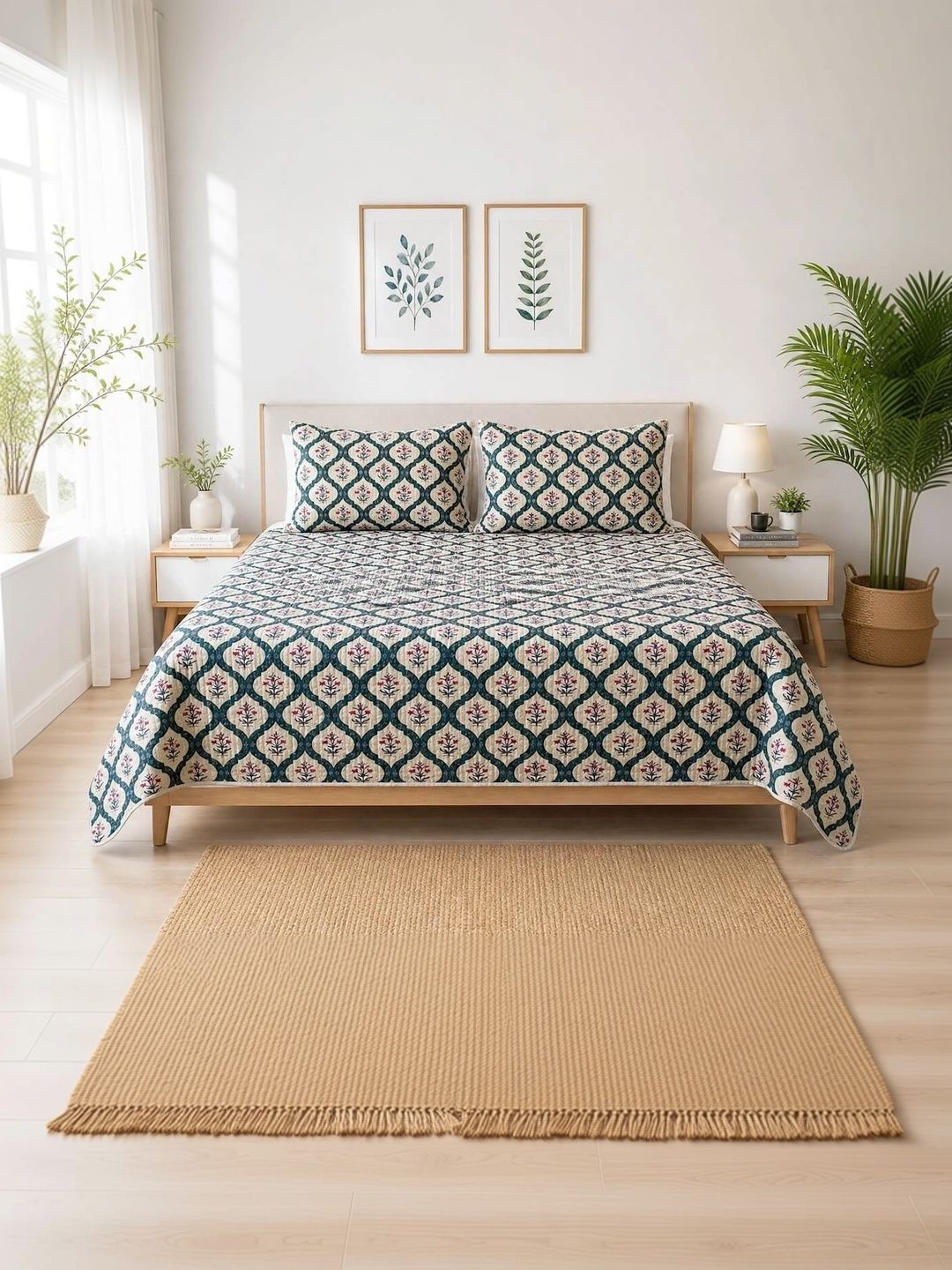 M'Weaves Green & Red Ethnic Motifs Cotton Double Bed - King Bed Covers-image-17