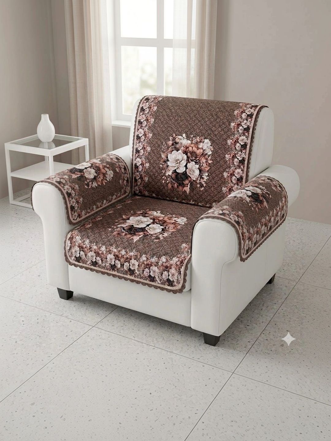 KANUM Coffee Brown Printed Viscose Rayon Blend 4 Piece Sofa Cover With Arms-image-46