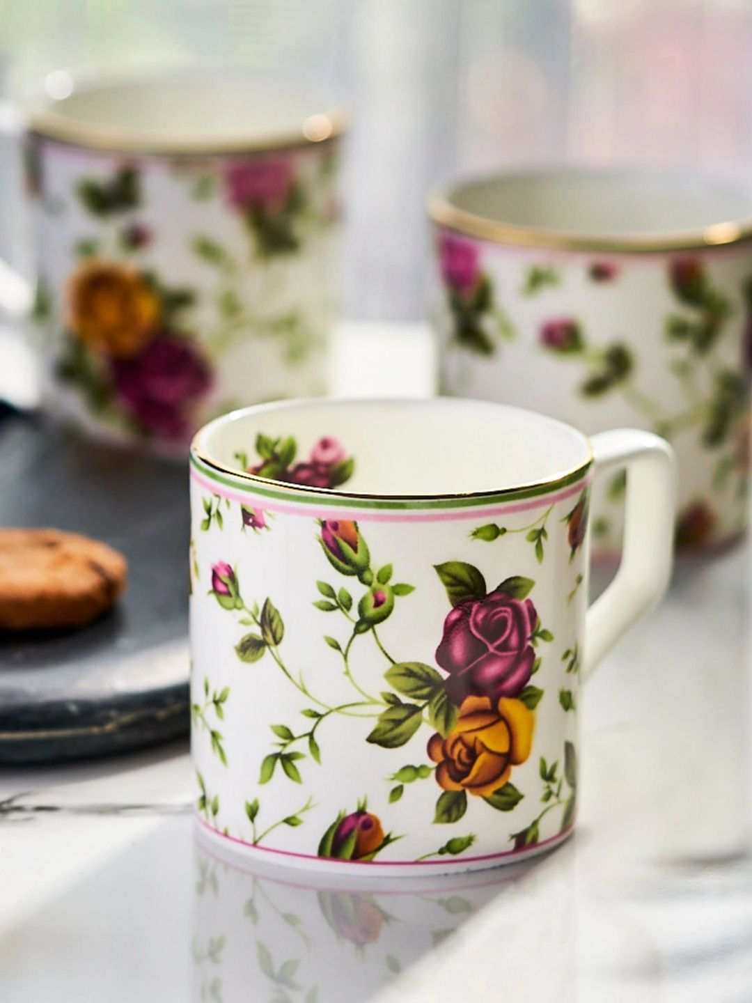 GOLDEN QUEEN'S Pink Floral Printed Bone China Glossy Mugs Set of Cups and Mugs-image-11