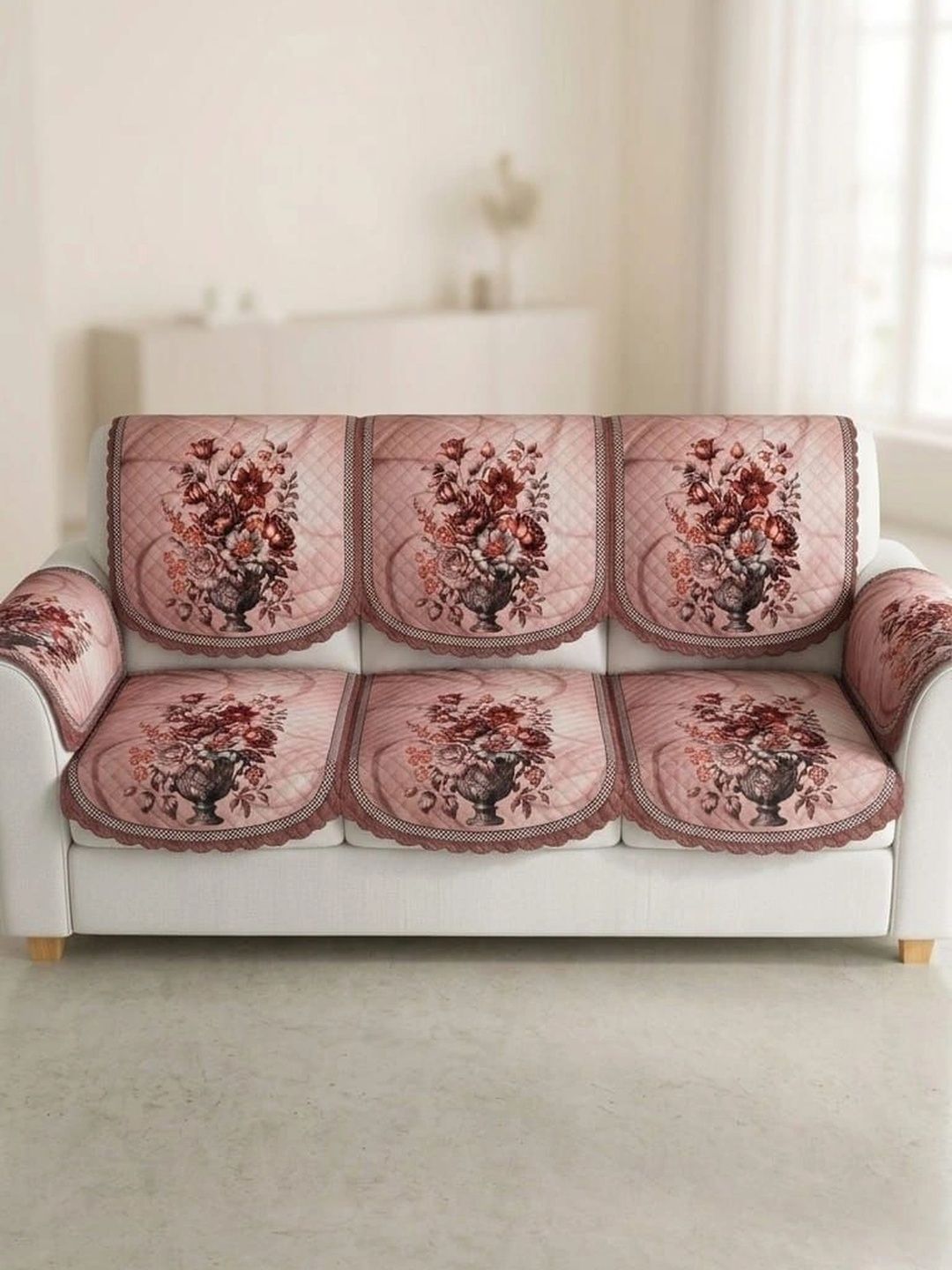 KANUM Pink Printed Viscose Rayon Blend Sofa Cover With Arms-picture-38