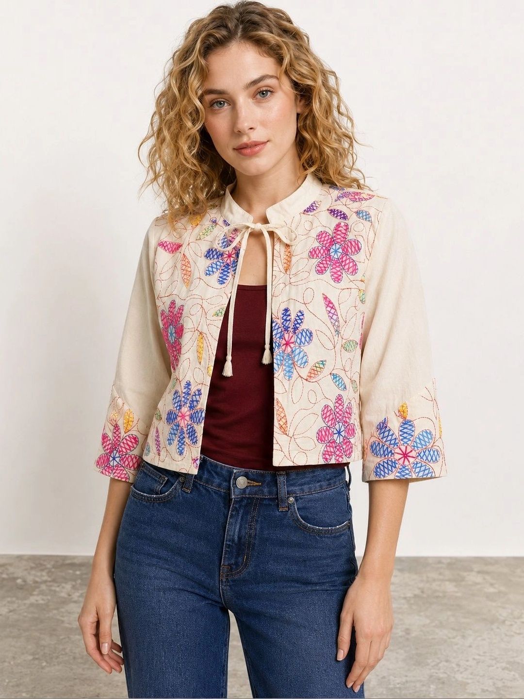 Muhuratam Women Floral Crop Open Front Jacket with Embroidered-image-39