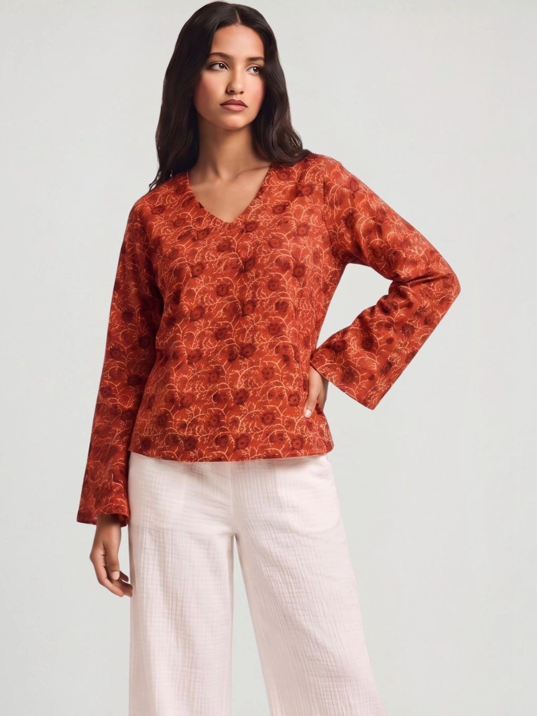 NISHORAMA Floral Print Bell Sleeve Cotton Top-picture-29