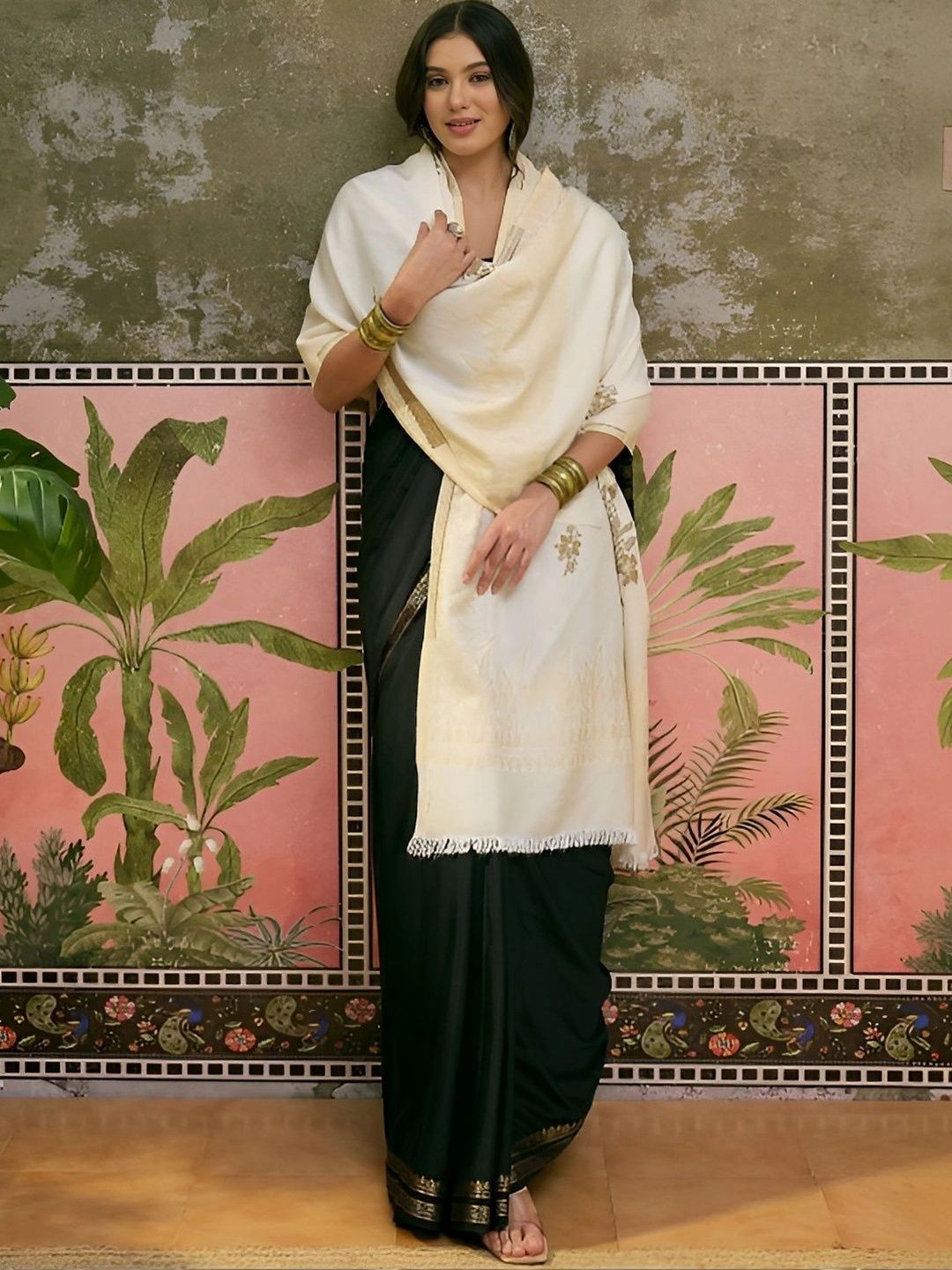 Sangria White Floral Woven Design Winter Shawl-picture-37