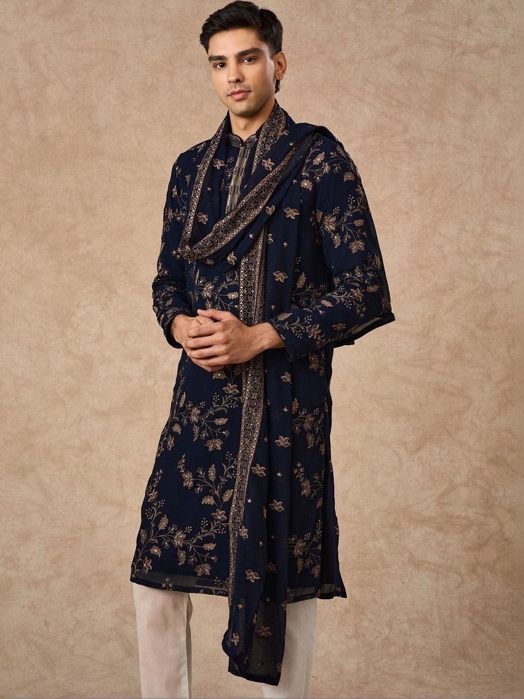 Manyavar Men Floral Embroidered Regular Sequinned Kurta with Trousers & With Dupatta-picture-56