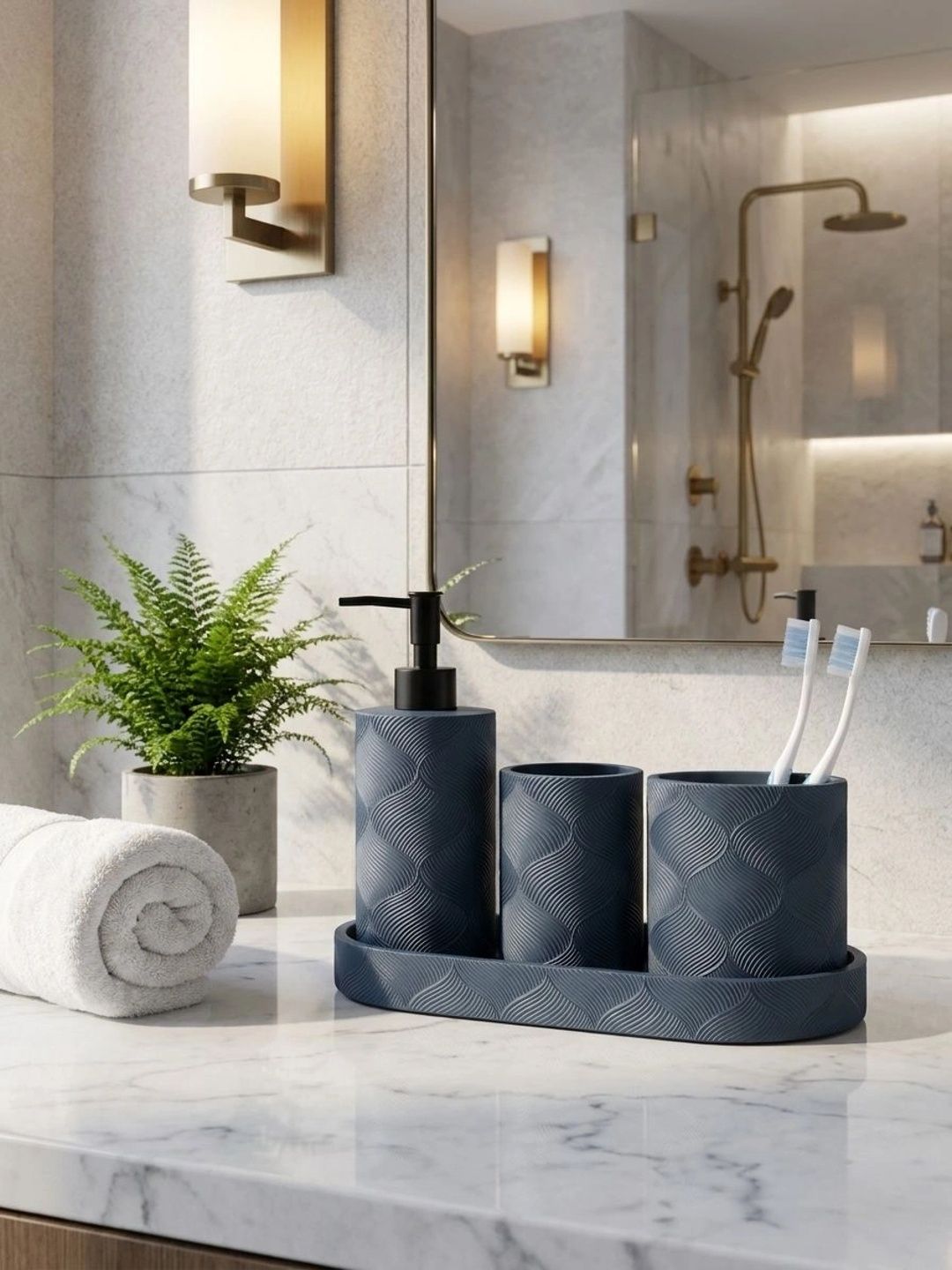 Pano Blue 4 piece Textured Polyresin Bath Accessories Set-picture-22